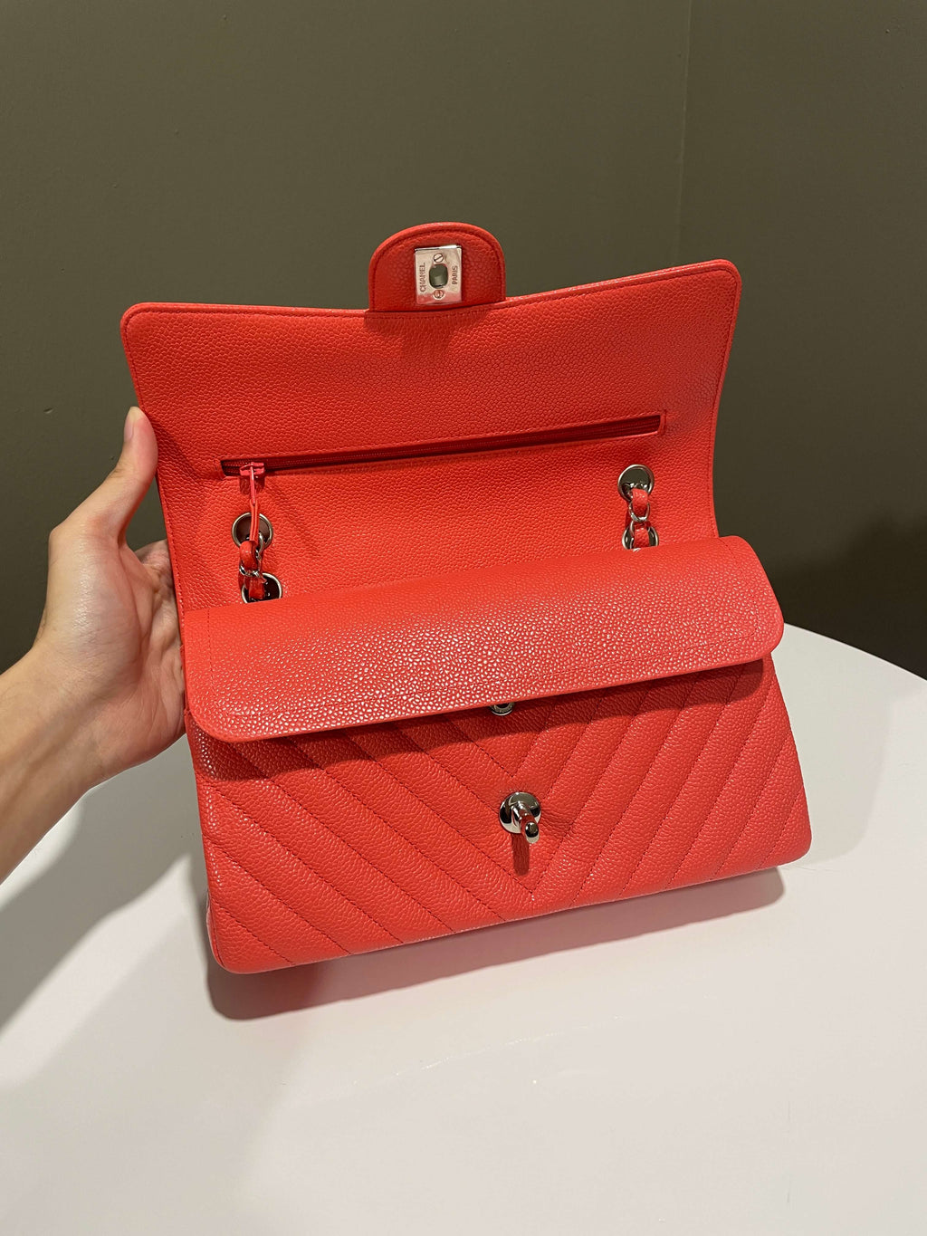Chanel Classic Chevron Medium Double Flap Coral Caviar