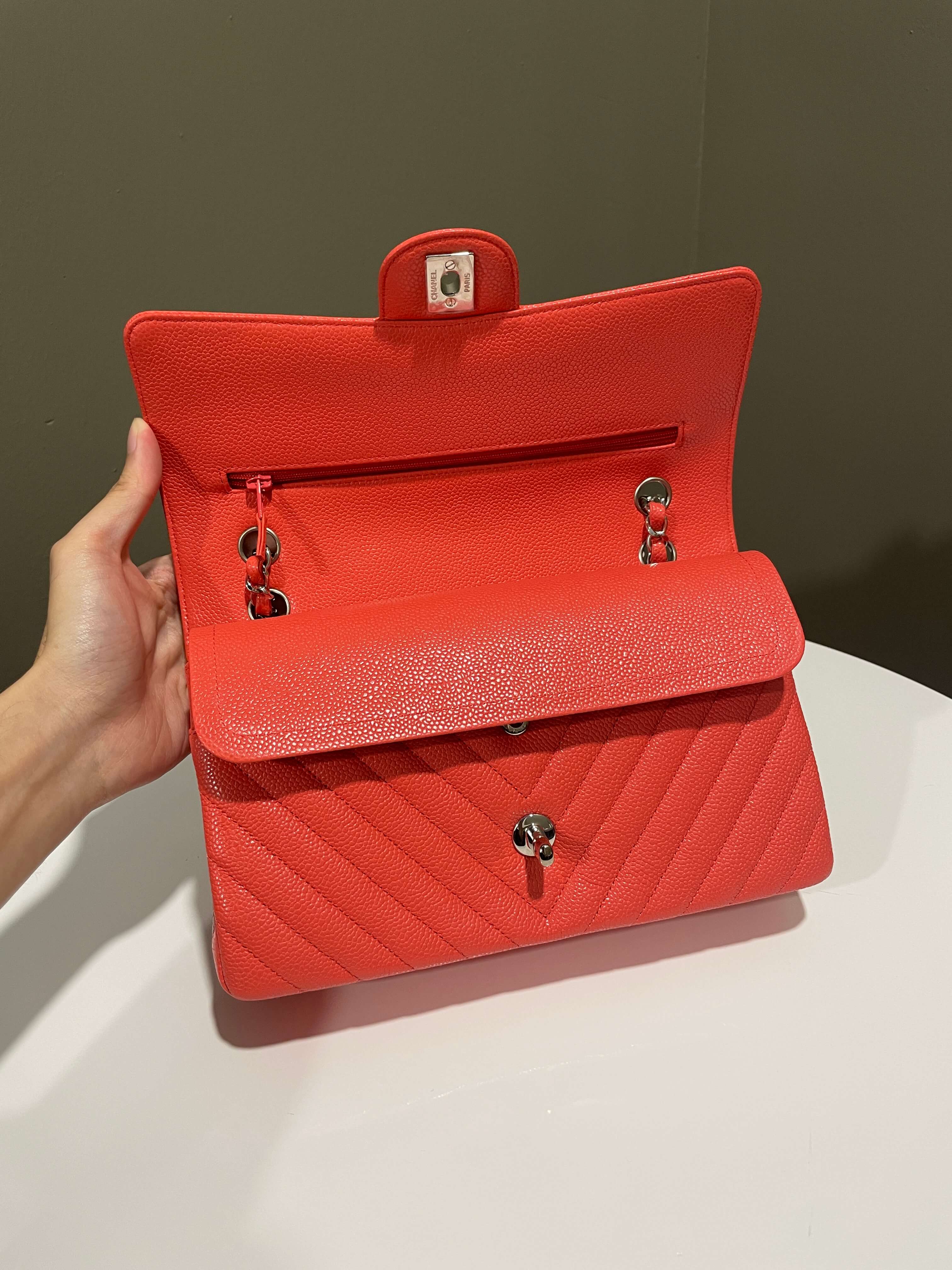 Chanel Classic Chevron Medium Double Flap Coral Caviar