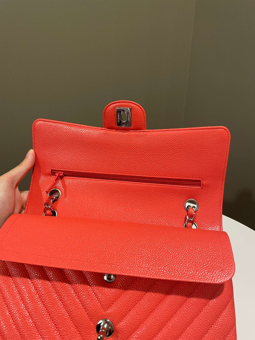 Chanel Classic Chevron Medium Double Flap Coral Caviar