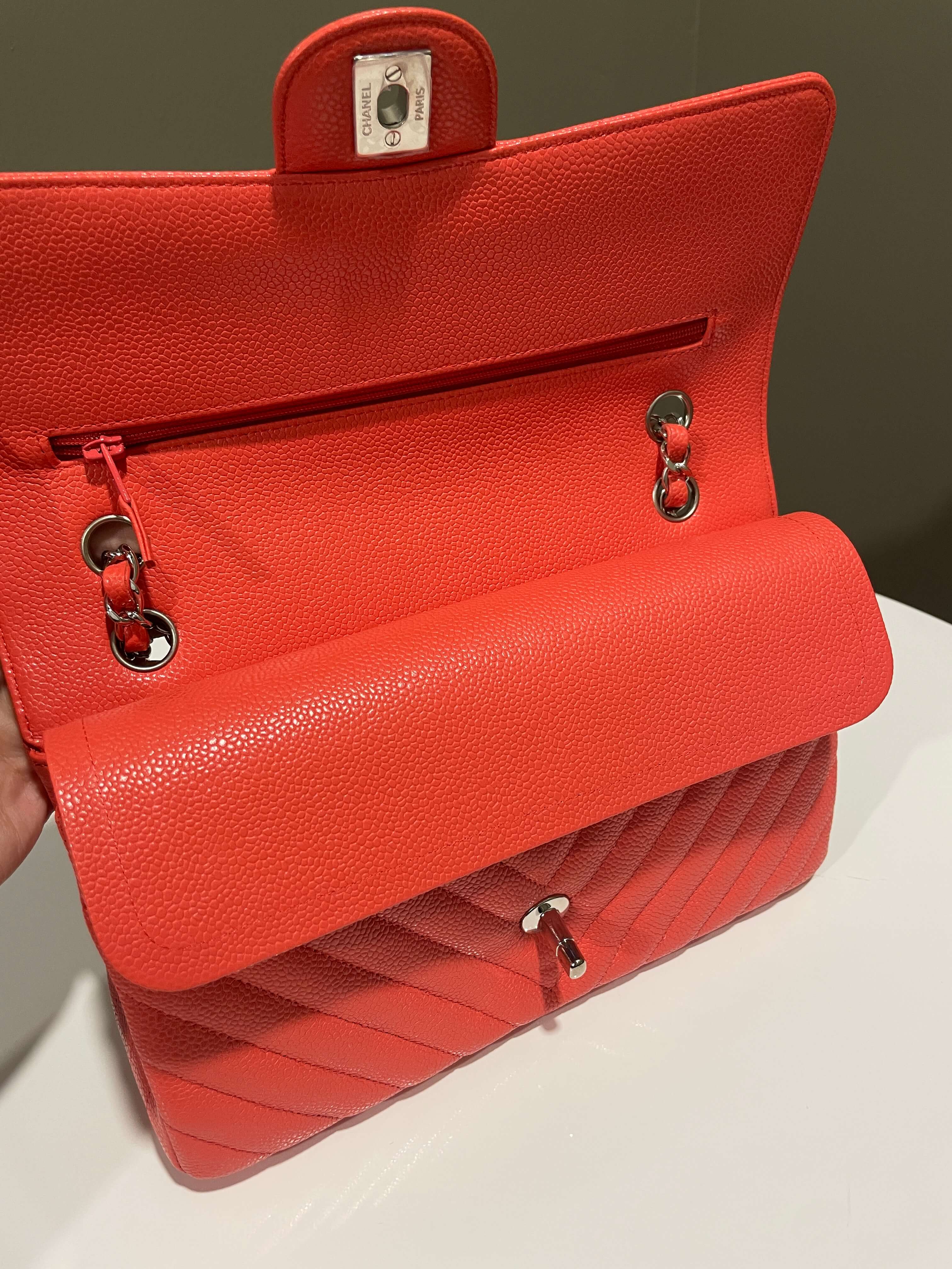 Chanel Classic Chevron Medium Double Flap Coral Caviar