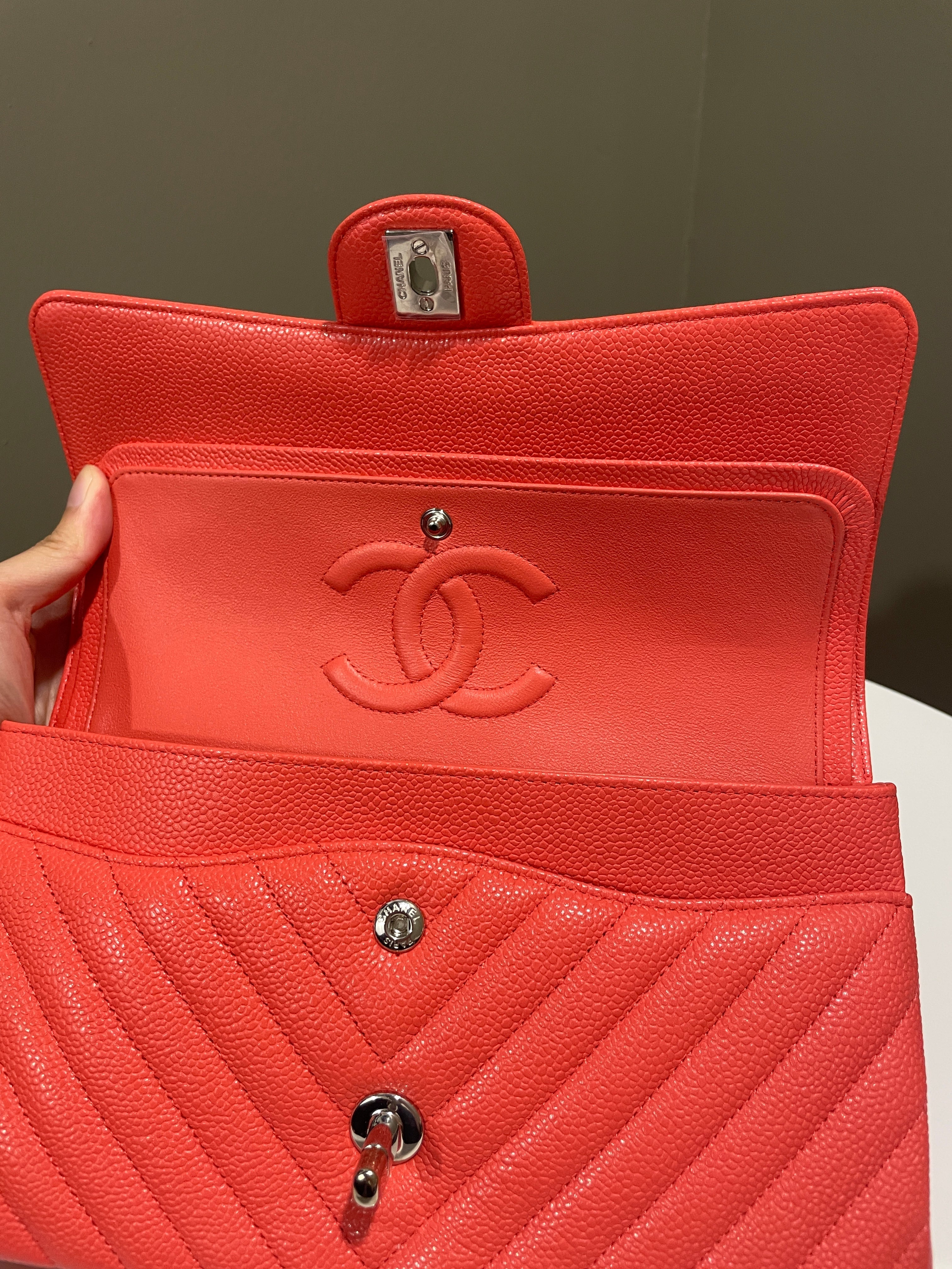Chanel Classic Chevron Medium Double Flap Coral Caviar