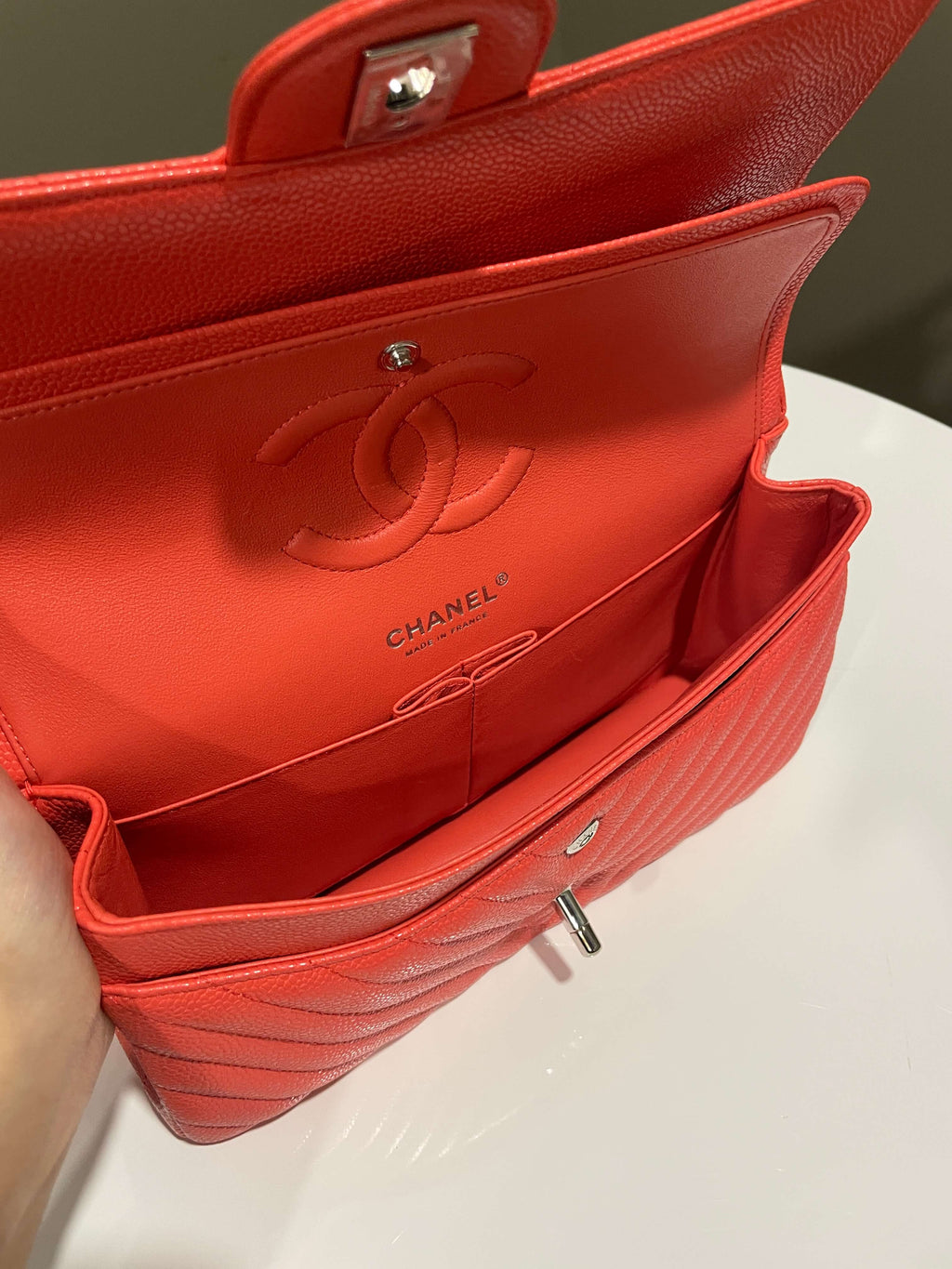Chanel Classic Chevron Medium Double Flap Coral Caviar