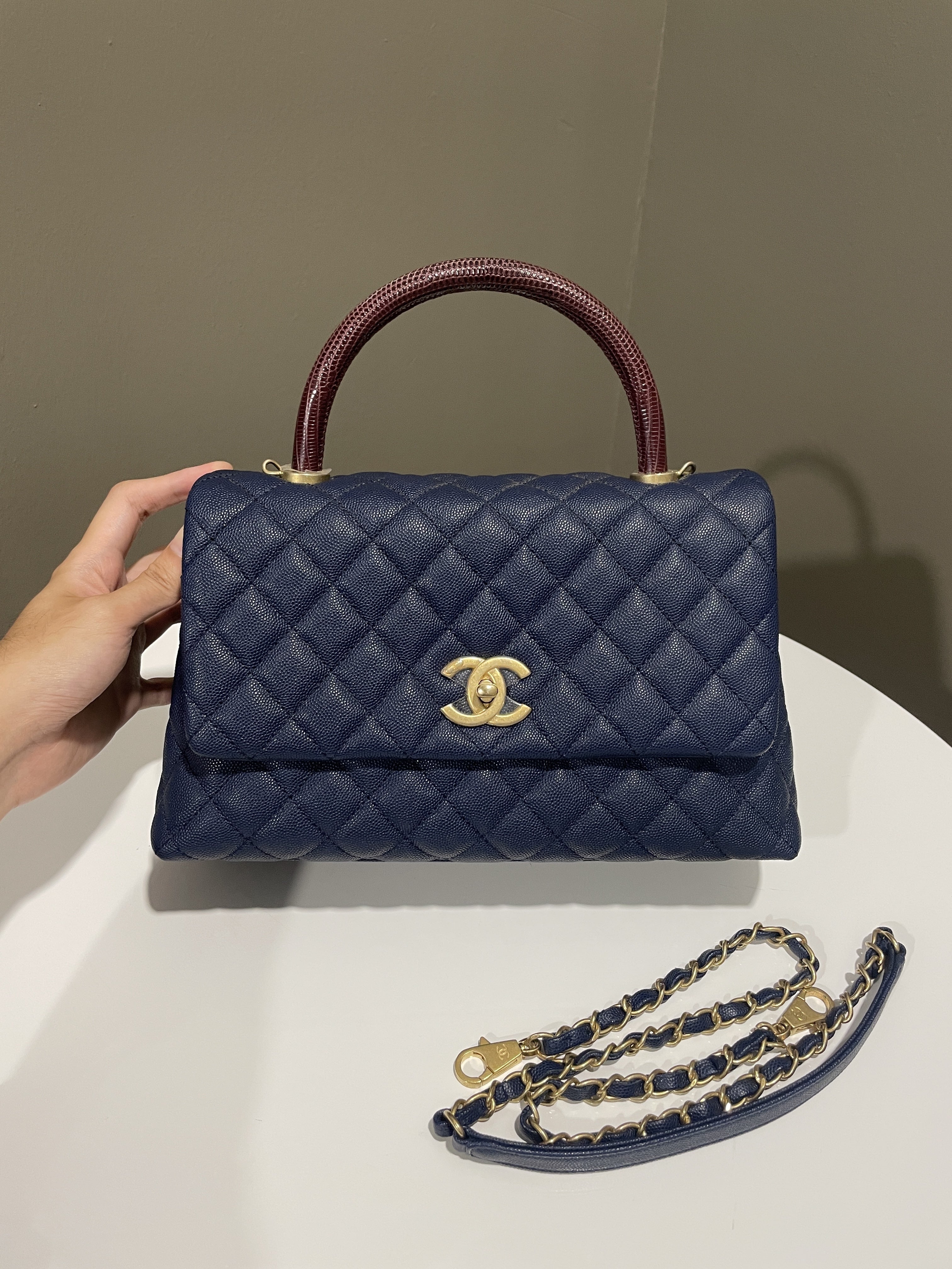 Chanel Quilted Coco Lizard Handle Navy Caviar