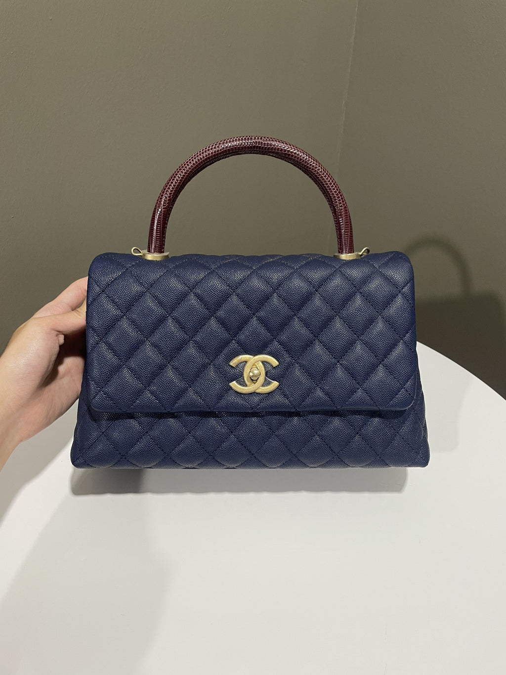 Chanel Quilted Coco Lizard Handle Navy Caviar