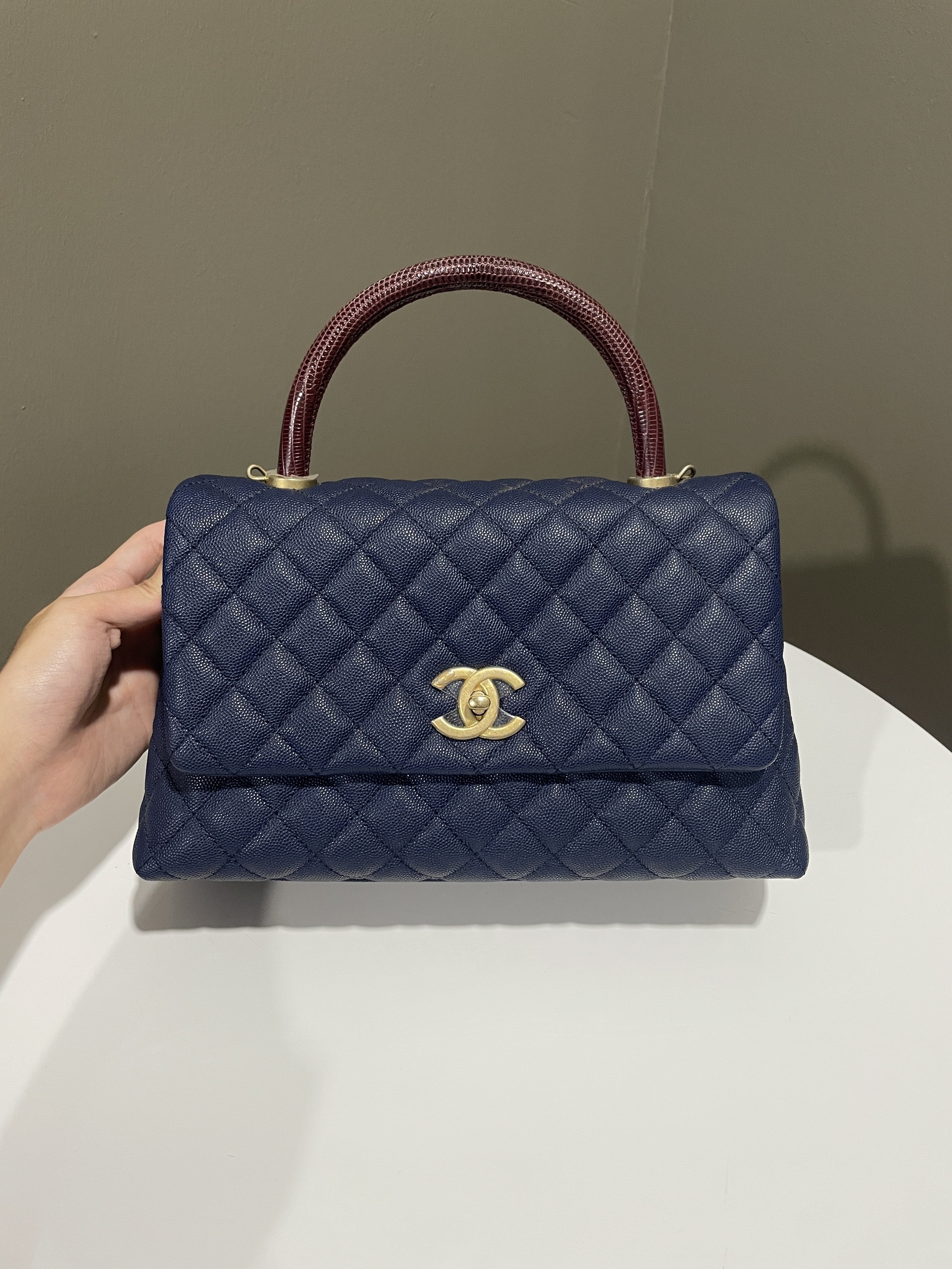 Chanel Quilted Coco Lizard Handle Navy Caviar