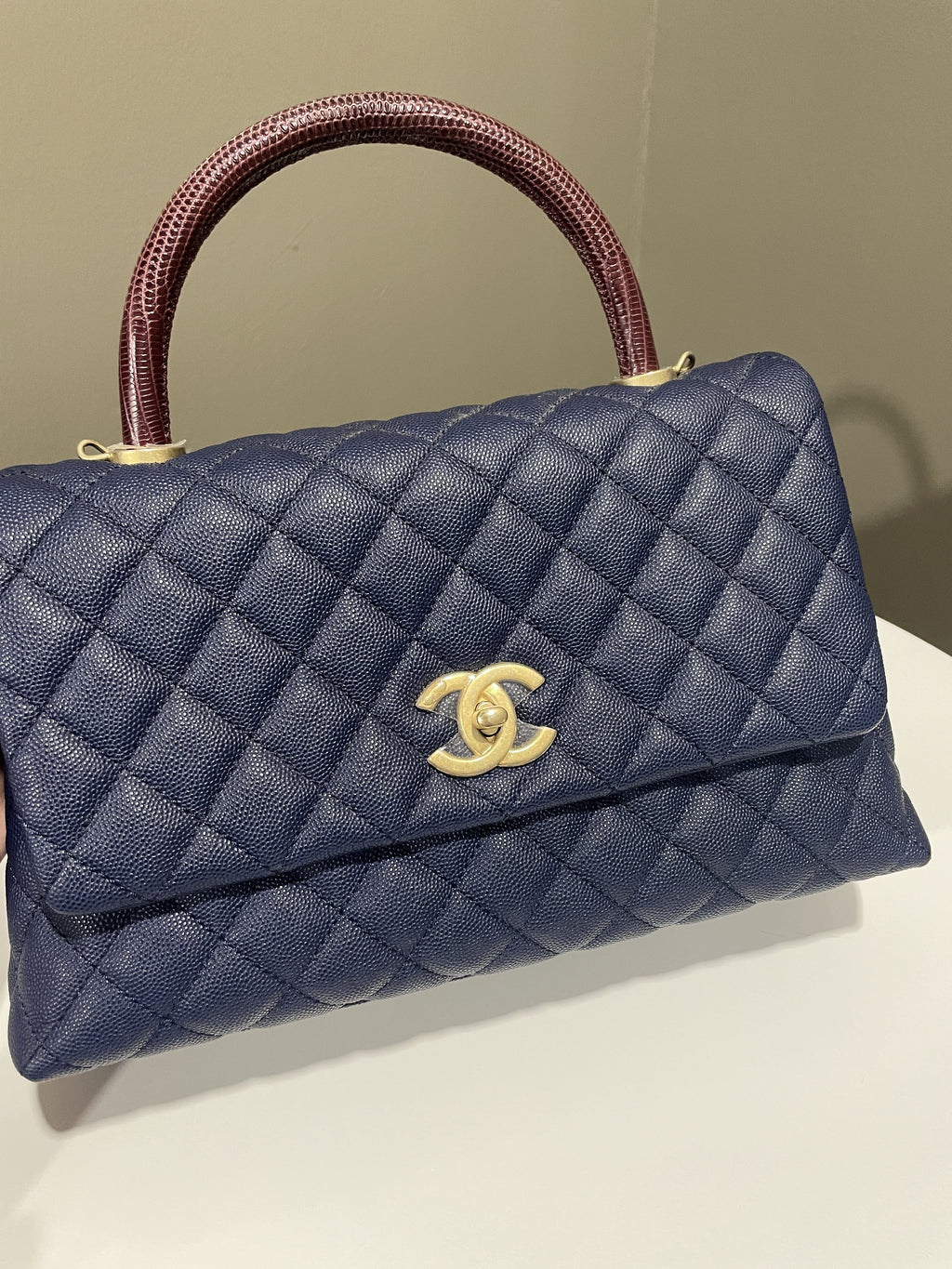 Chanel Quilted Coco Lizard Handle Navy Caviar