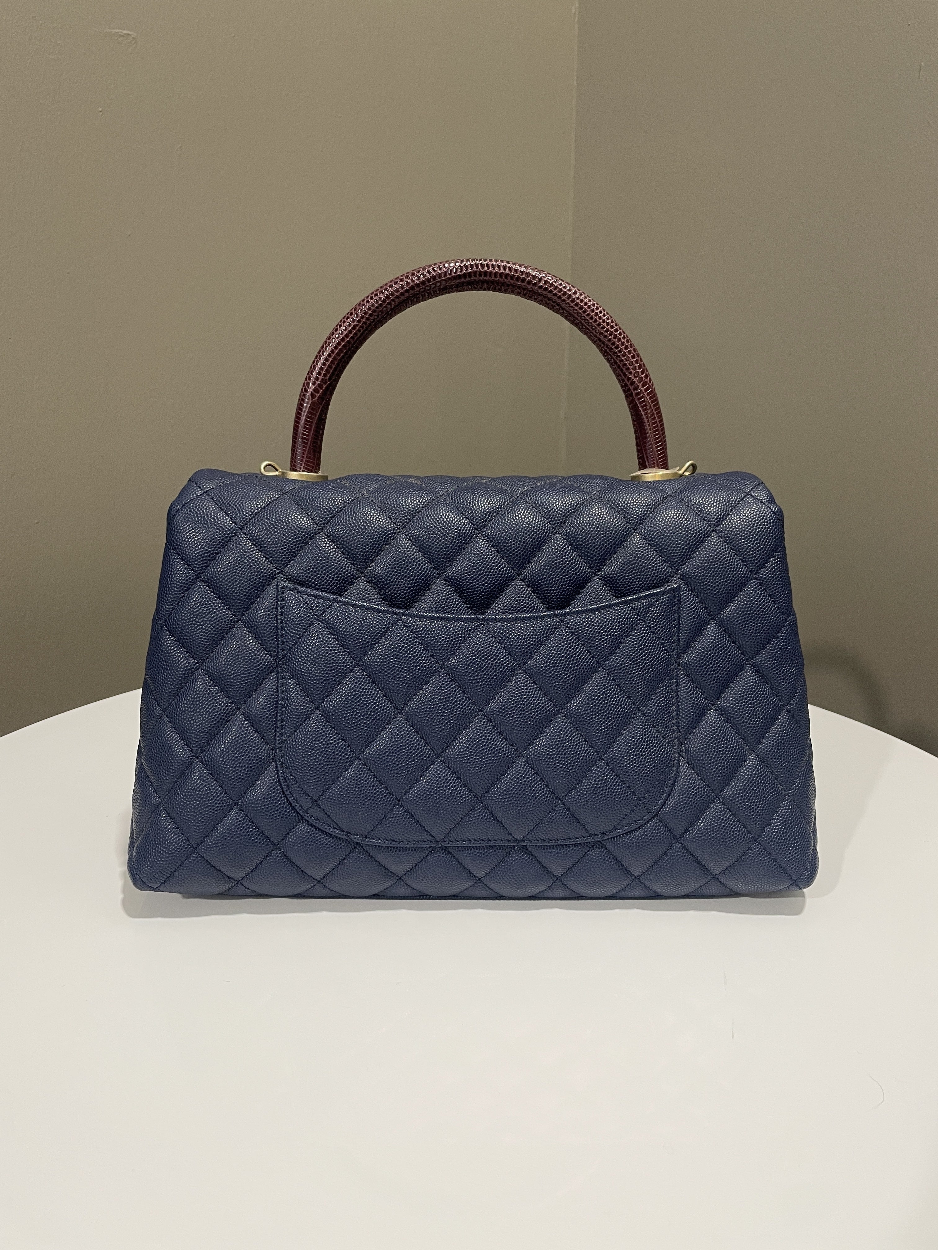 Chanel Quilted Coco Lizard Handle Navy Caviar