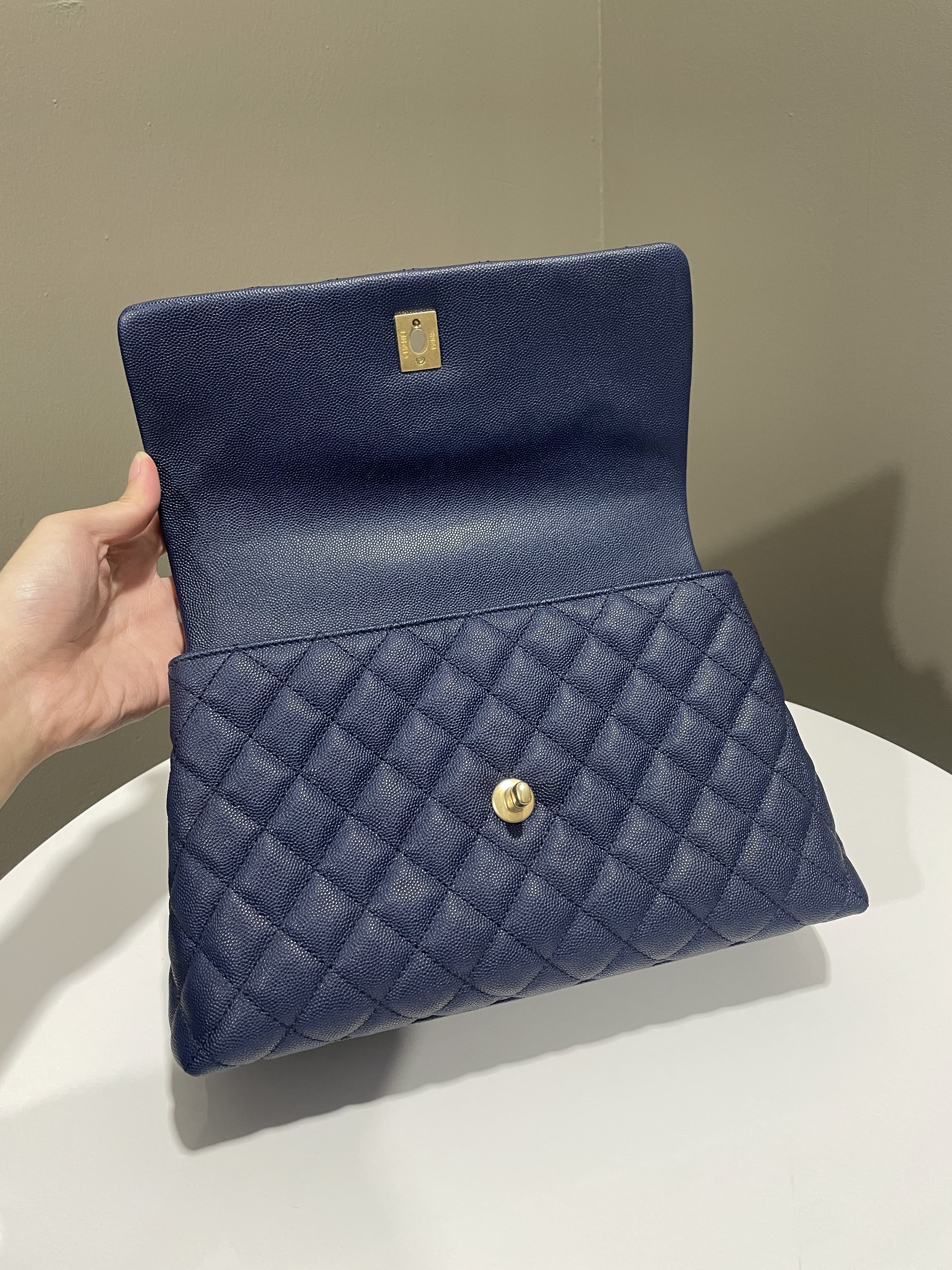 Chanel Quilted Coco Lizard Handle Navy Caviar