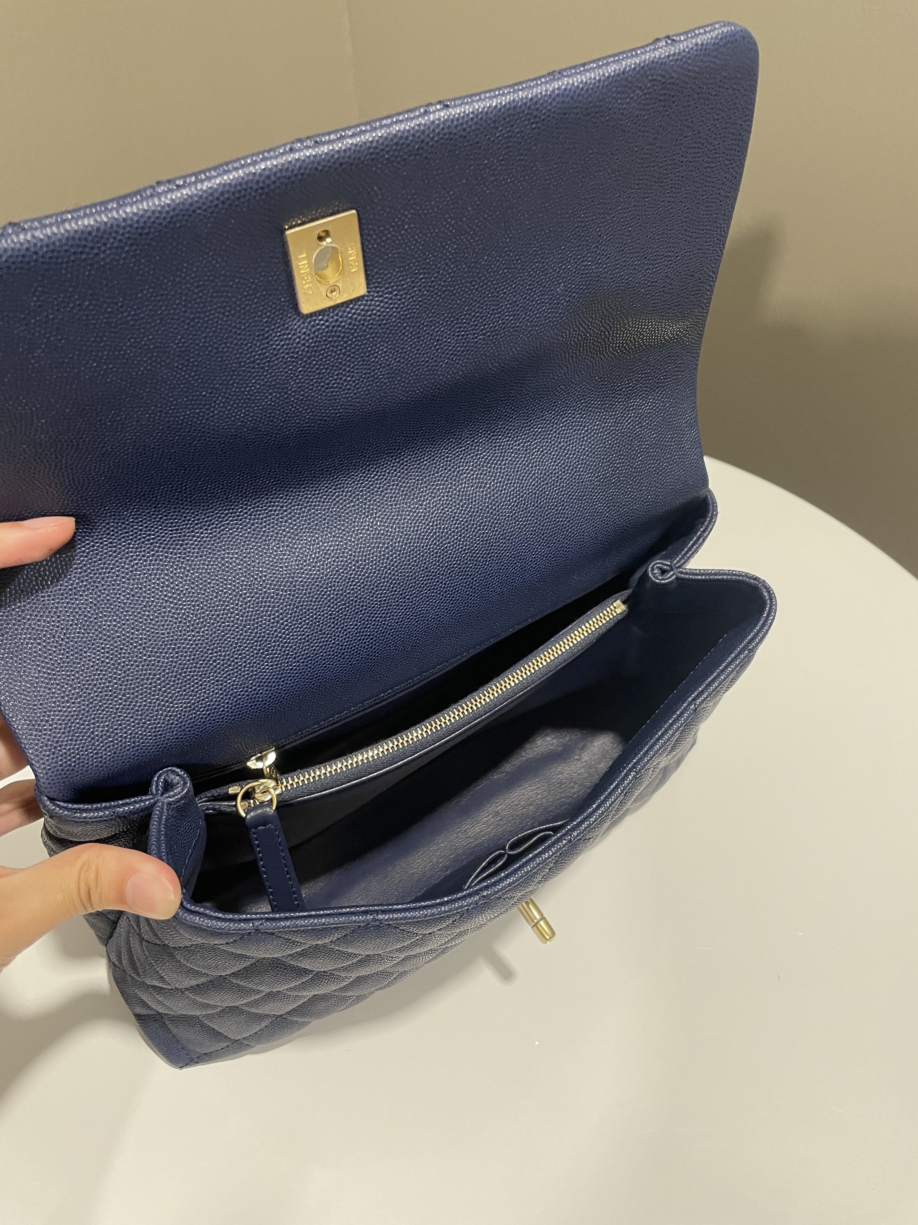Chanel Quilted Coco Lizard Handle Navy Caviar