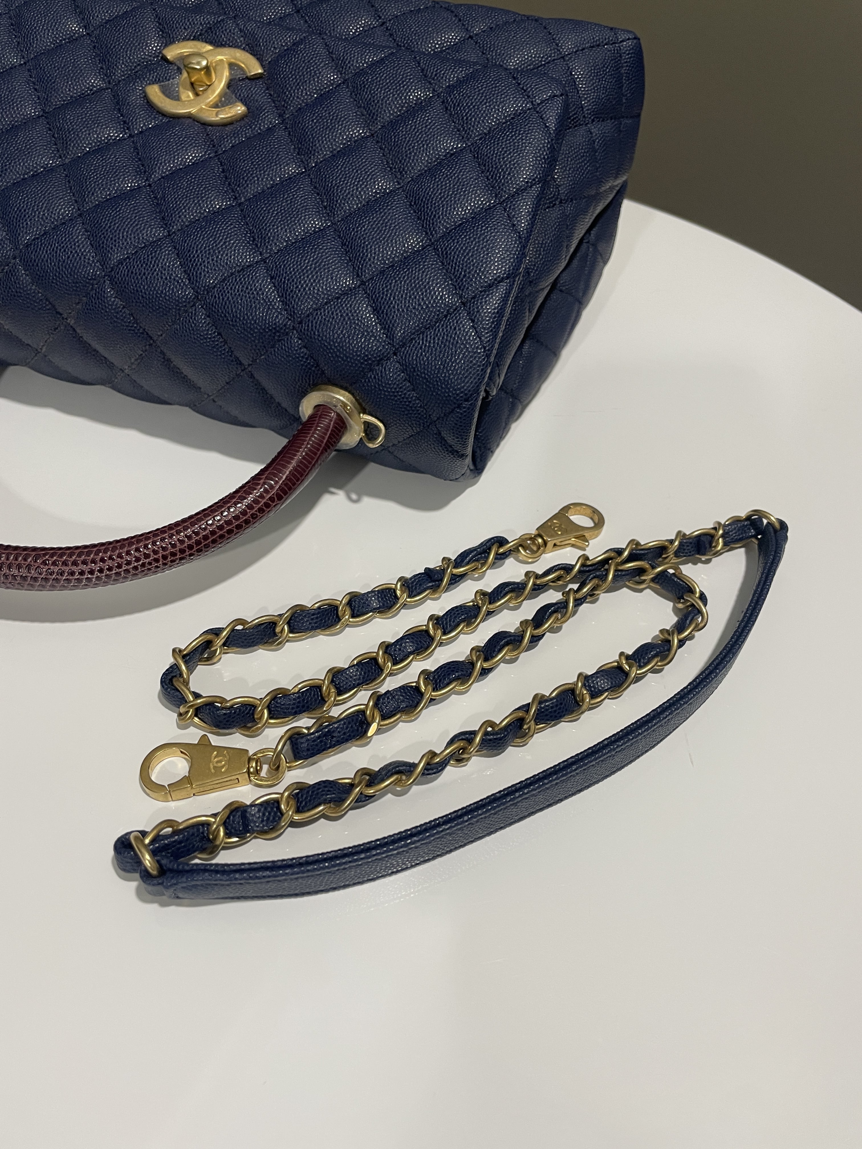 Chanel Quilted Coco Lizard Handle Navy Caviar