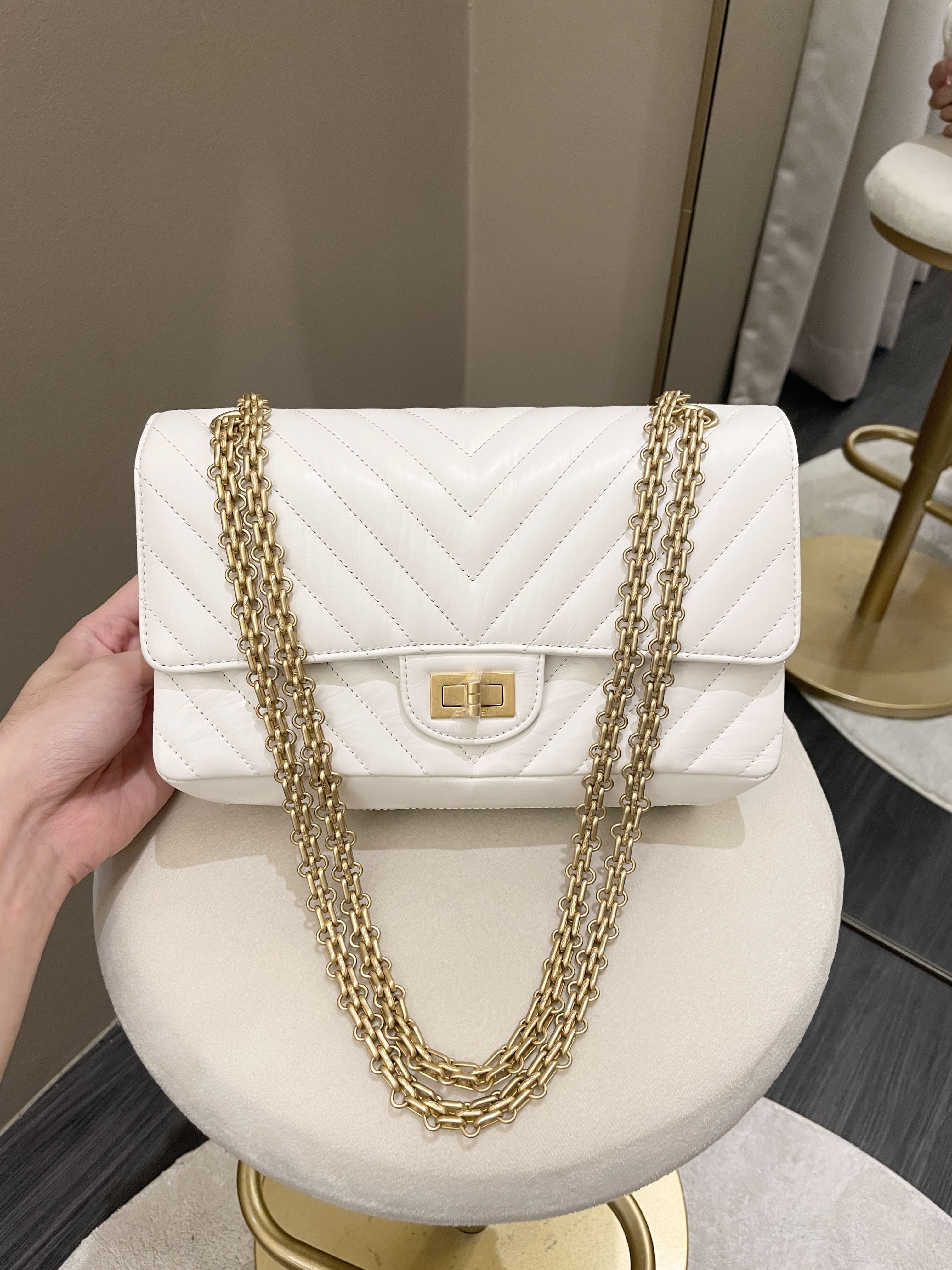 Chanel 2.55 225 Chevron Reissue Double Flap White Calfskin