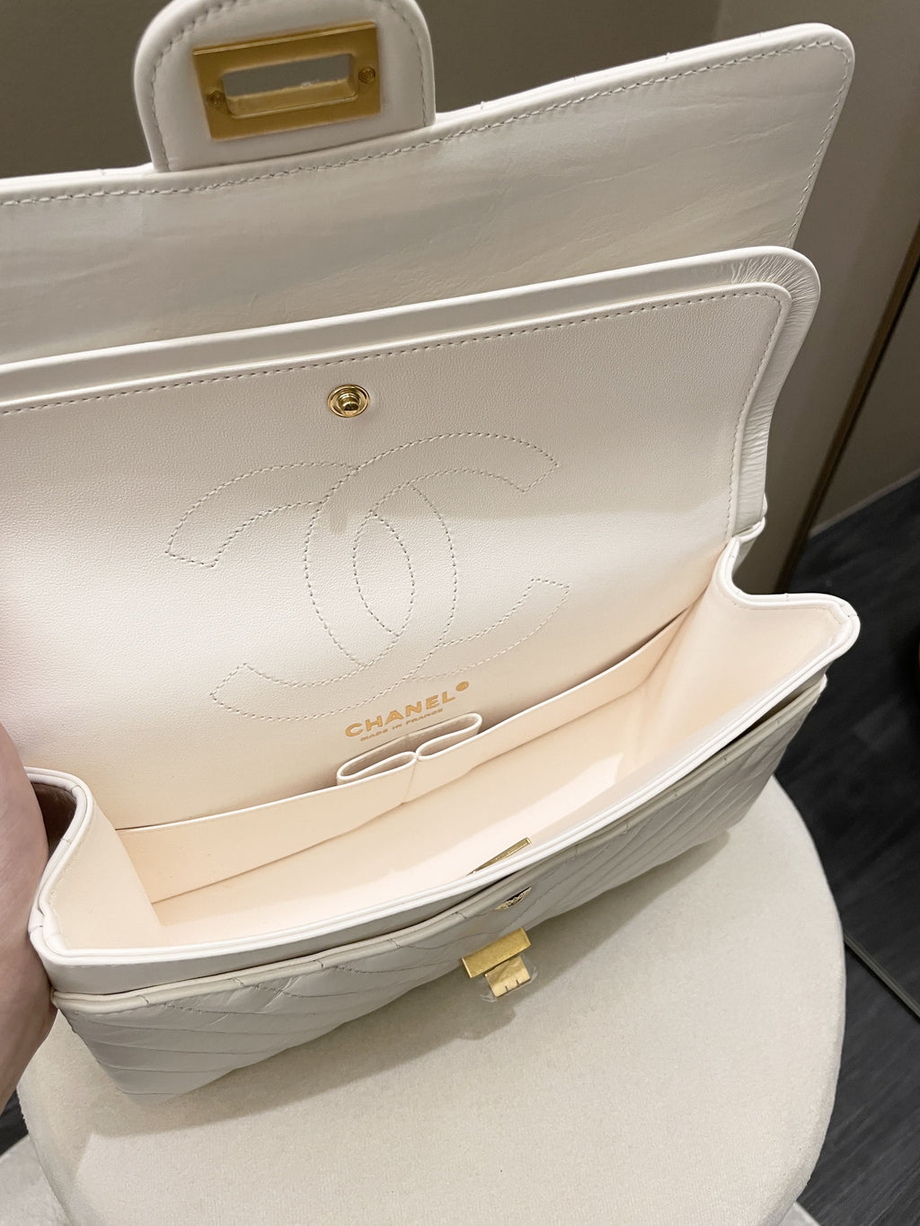 Chanel 2.55 225 Chevron Reissue Double Flap White Calfskin