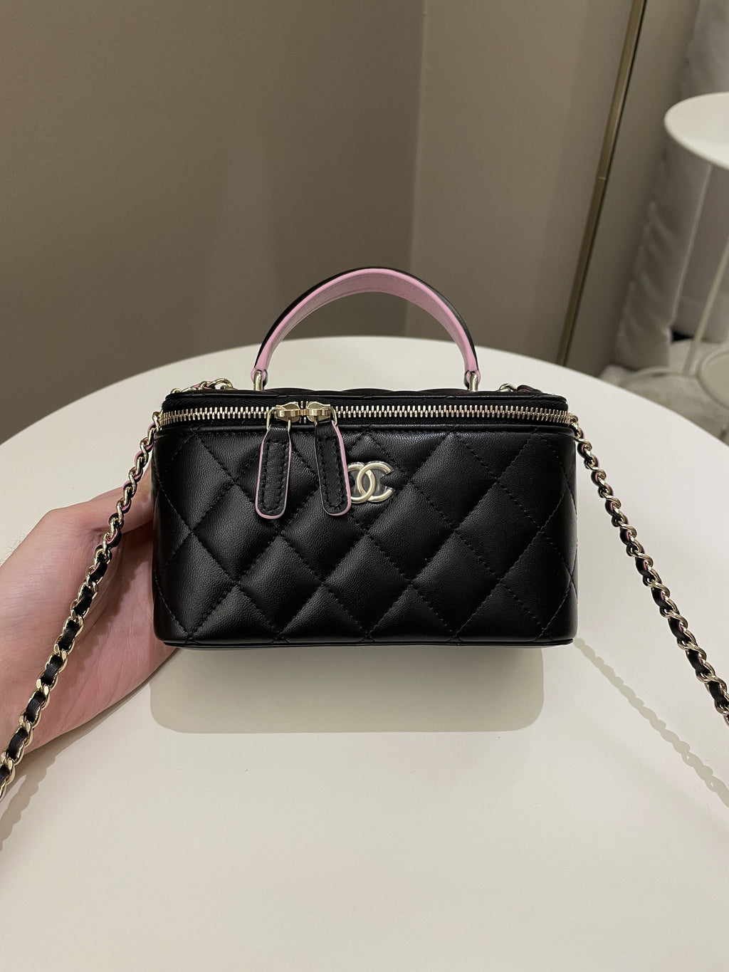 Chanel 23P Quilted Mini Vanity Rectangular Top Handle Black/ Pink Lambskin