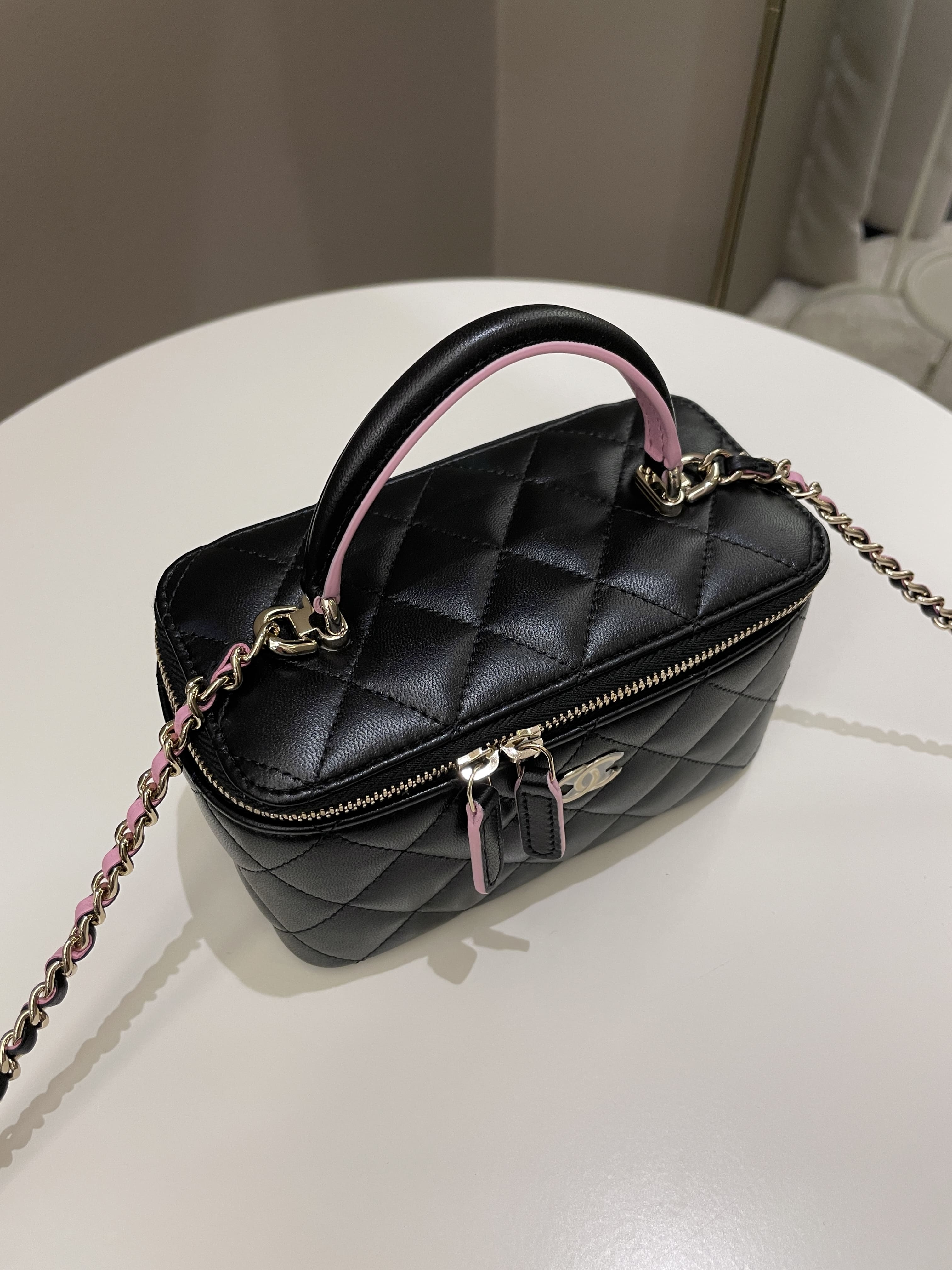Chanel 23P Quilted Mini Vanity Rectangular Top Handle Black/ Pink Lambskin