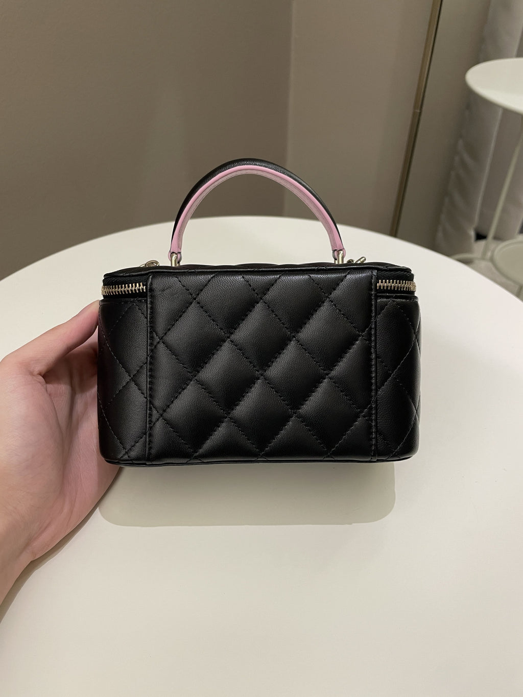 Chanel 23P Quilted Mini Vanity Rectangular Top Handle Black/ Pink Lambskin