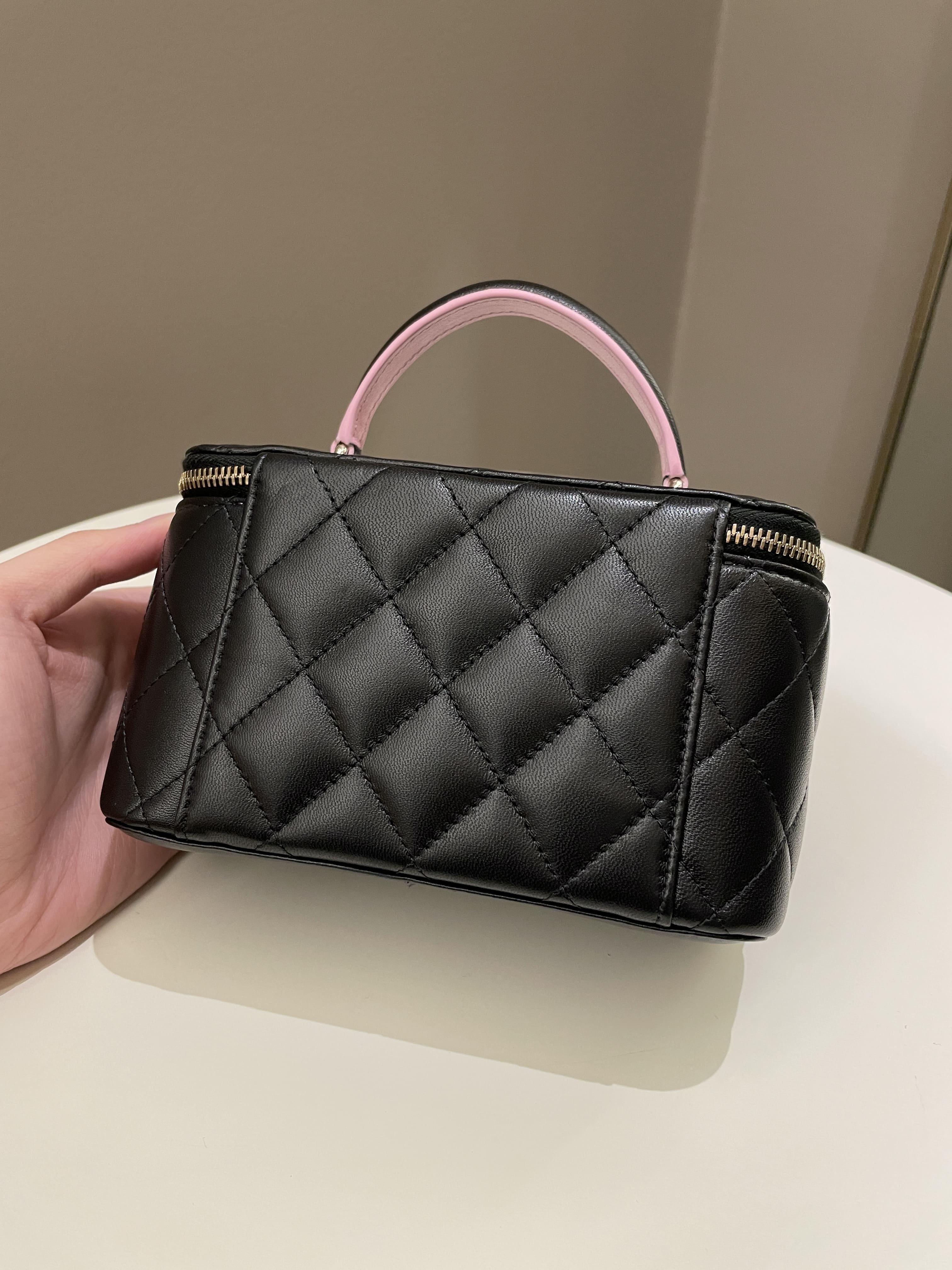 Chanel 23P Quilted Mini Vanity Rectangular Top Handle Black/ Pink Lambskin