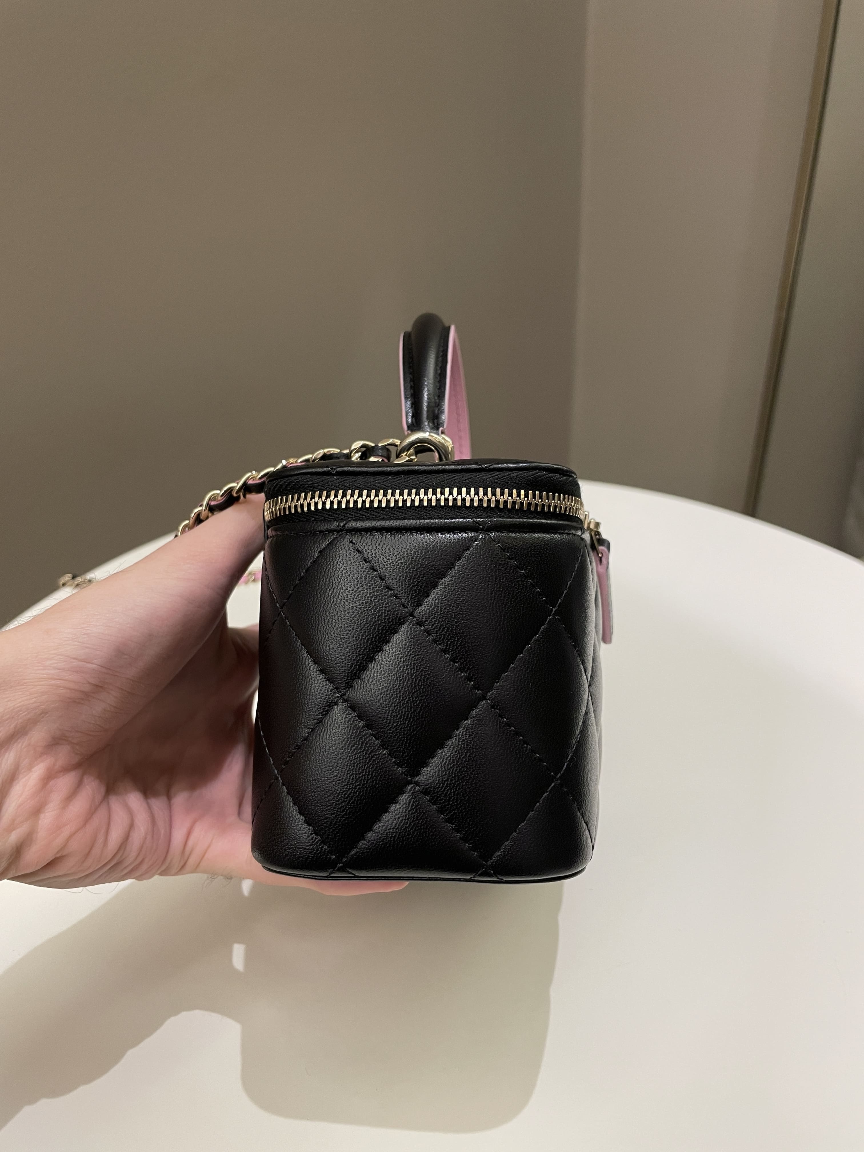 Chanel 23P Quilted Mini Vanity Rectangular Top Handle Black/ Pink Lambskin