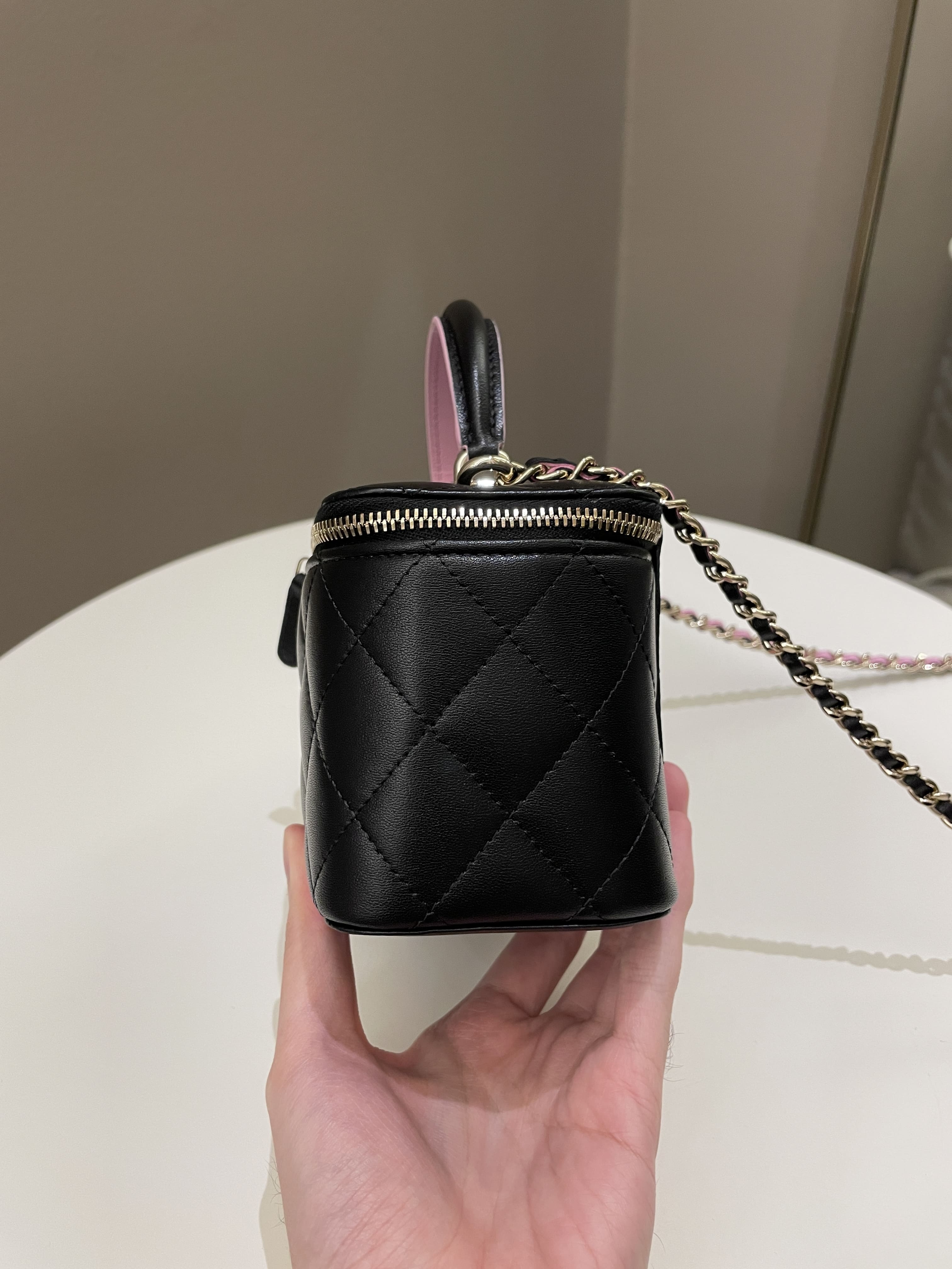 Chanel 23P Quilted Mini Vanity Rectangular Top Handle Black/ Pink Lambskin