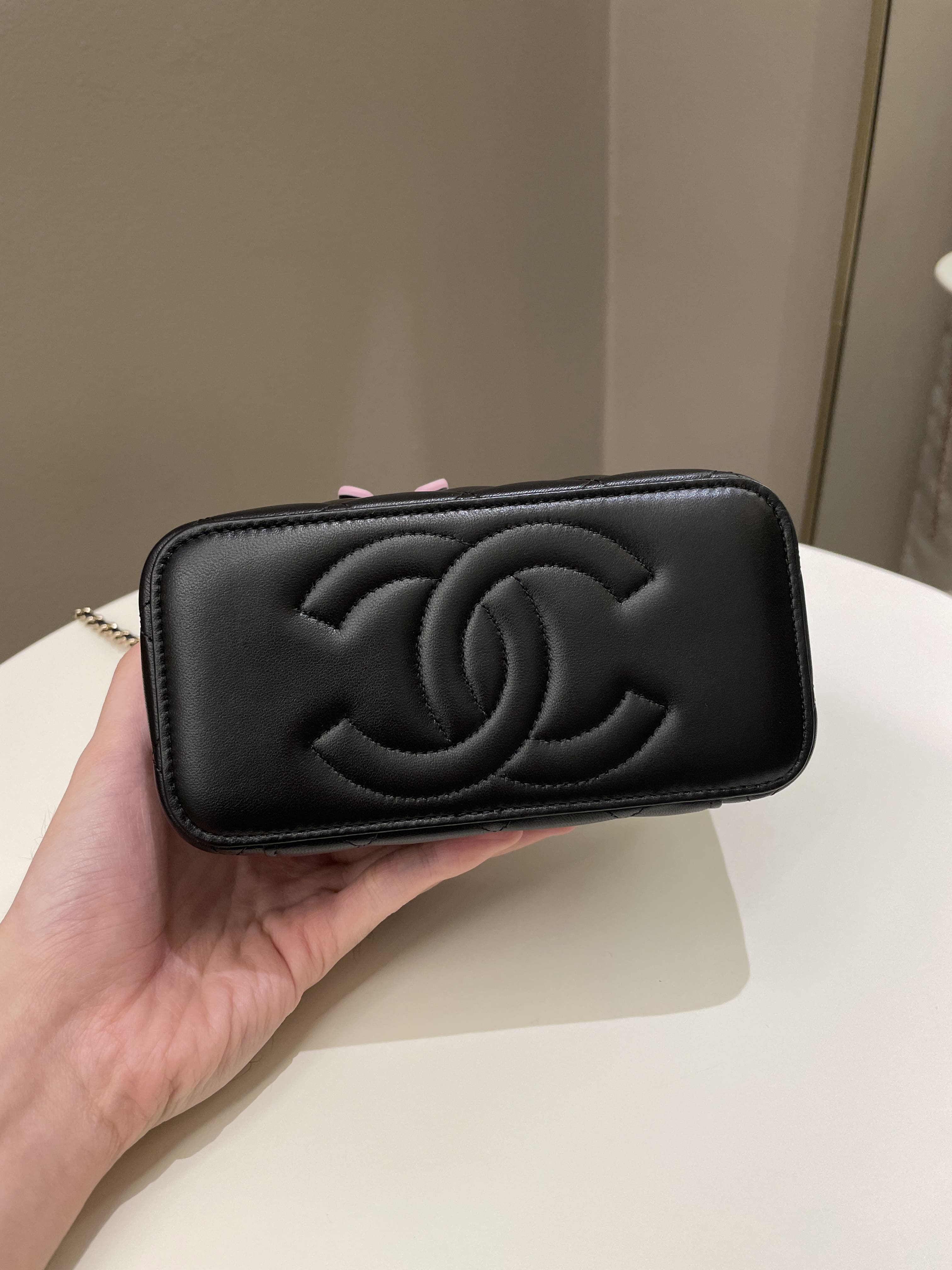 Chanel 23P Quilted Mini Vanity Rectangular Top Handle Black/ Pink Lambskin