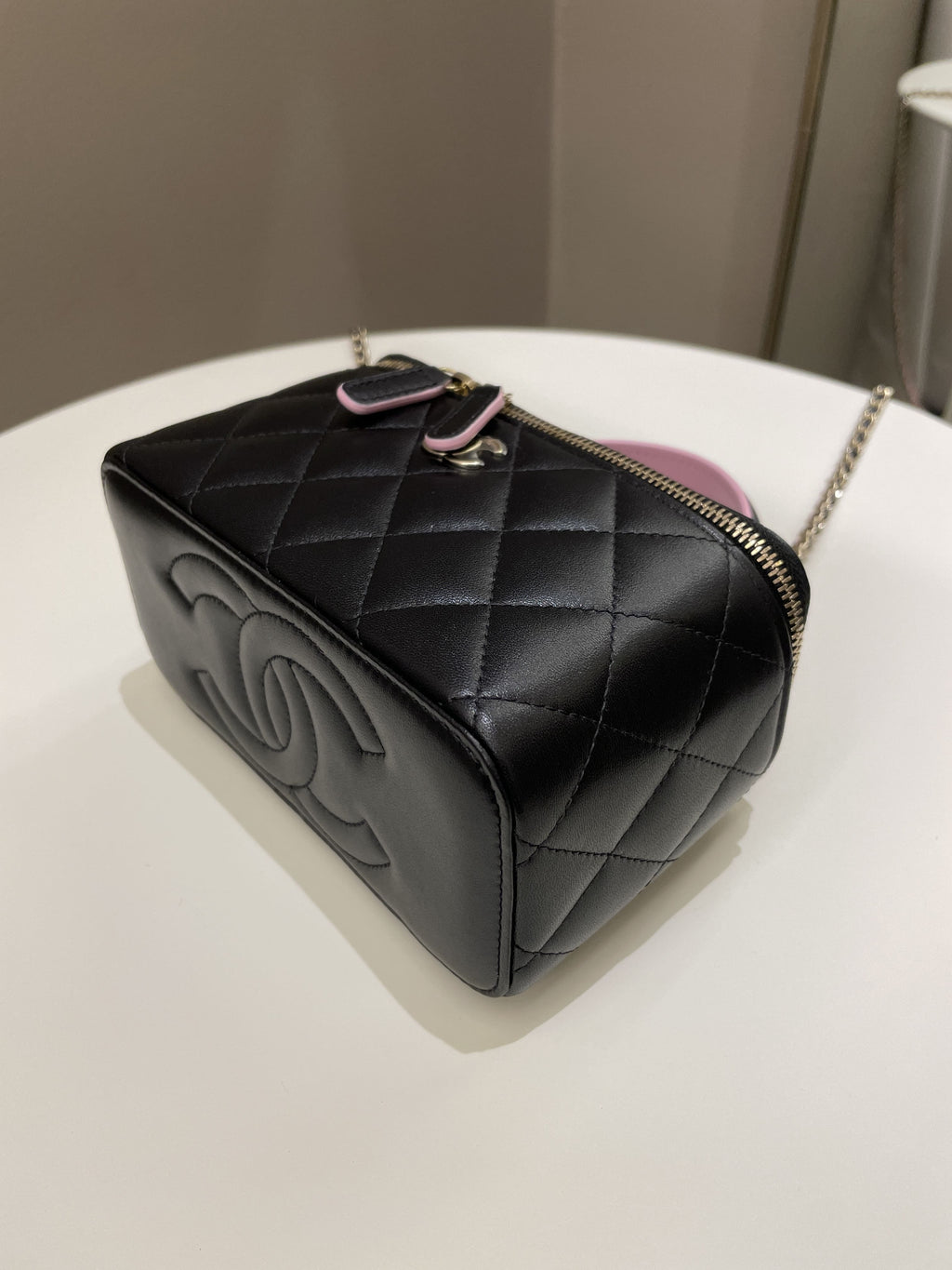 Chanel 23P Quilted Mini Vanity Rectangular Top Handle Black/ Pink Lambskin