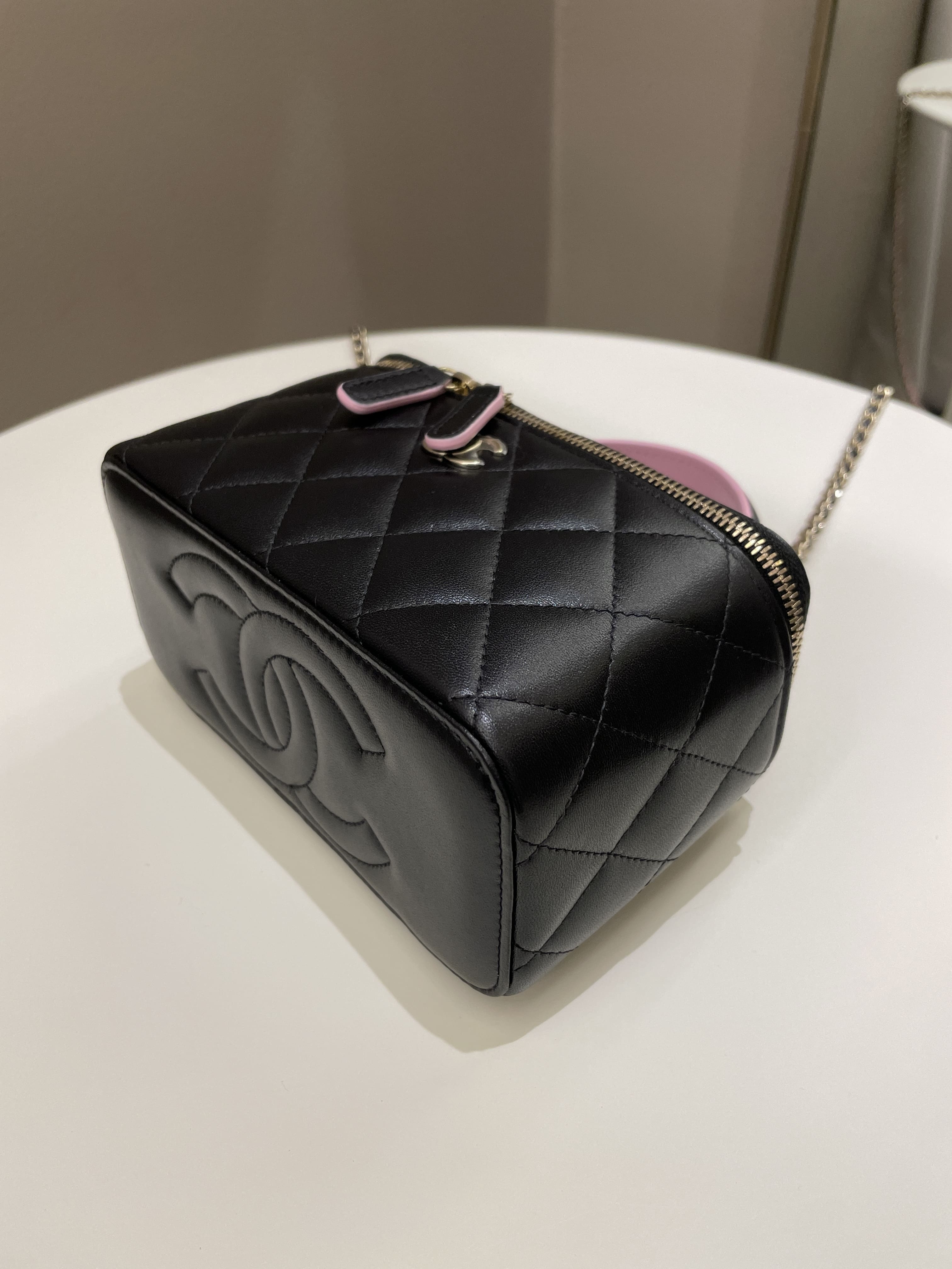Chanel 23P Quilted Mini Vanity Rectangular Top Handle Black/ Pink Lambskin
