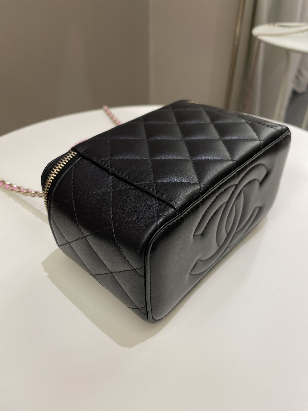 Chanel 23P Quilted Mini Vanity Rectangular Top Handle Black/ Pink Lambskin