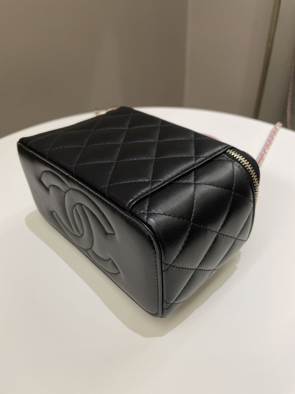 Chanel 23P Quilted Mini Vanity Rectangular Top Handle Black/ Pink Lambskin