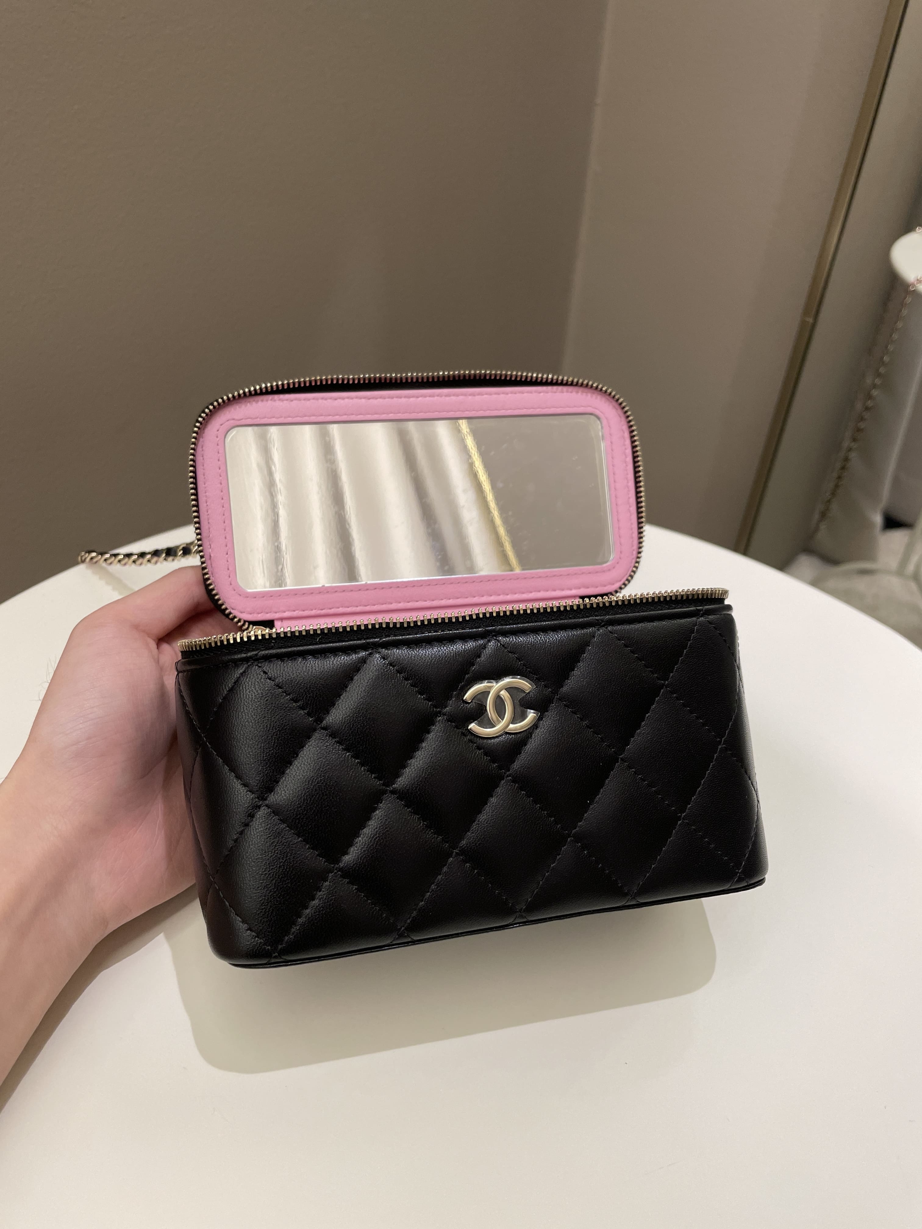 Chanel 23P Quilted Mini Vanity Rectangular Top Handle Black/ Pink Lambskin