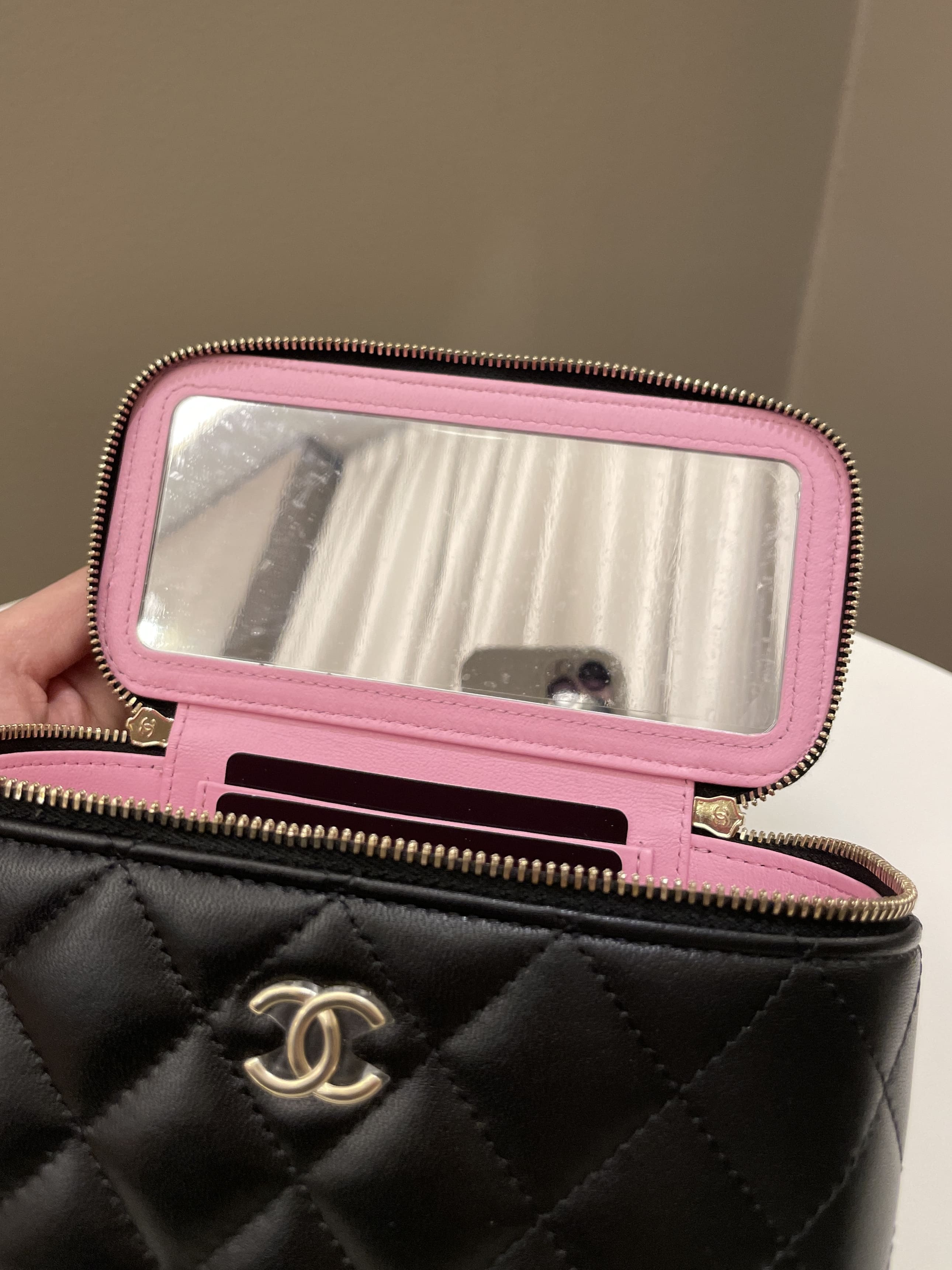 Chanel 23P Quilted Mini Vanity Rectangular Top Handle Black/ Pink Lambskin