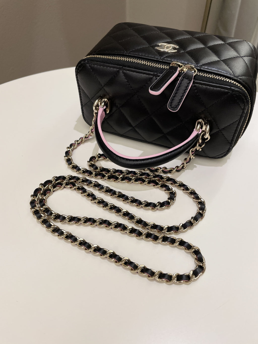 Chanel 23P Quilted Mini Vanity Rectangular Top Handle Black/ Pink Lambskin