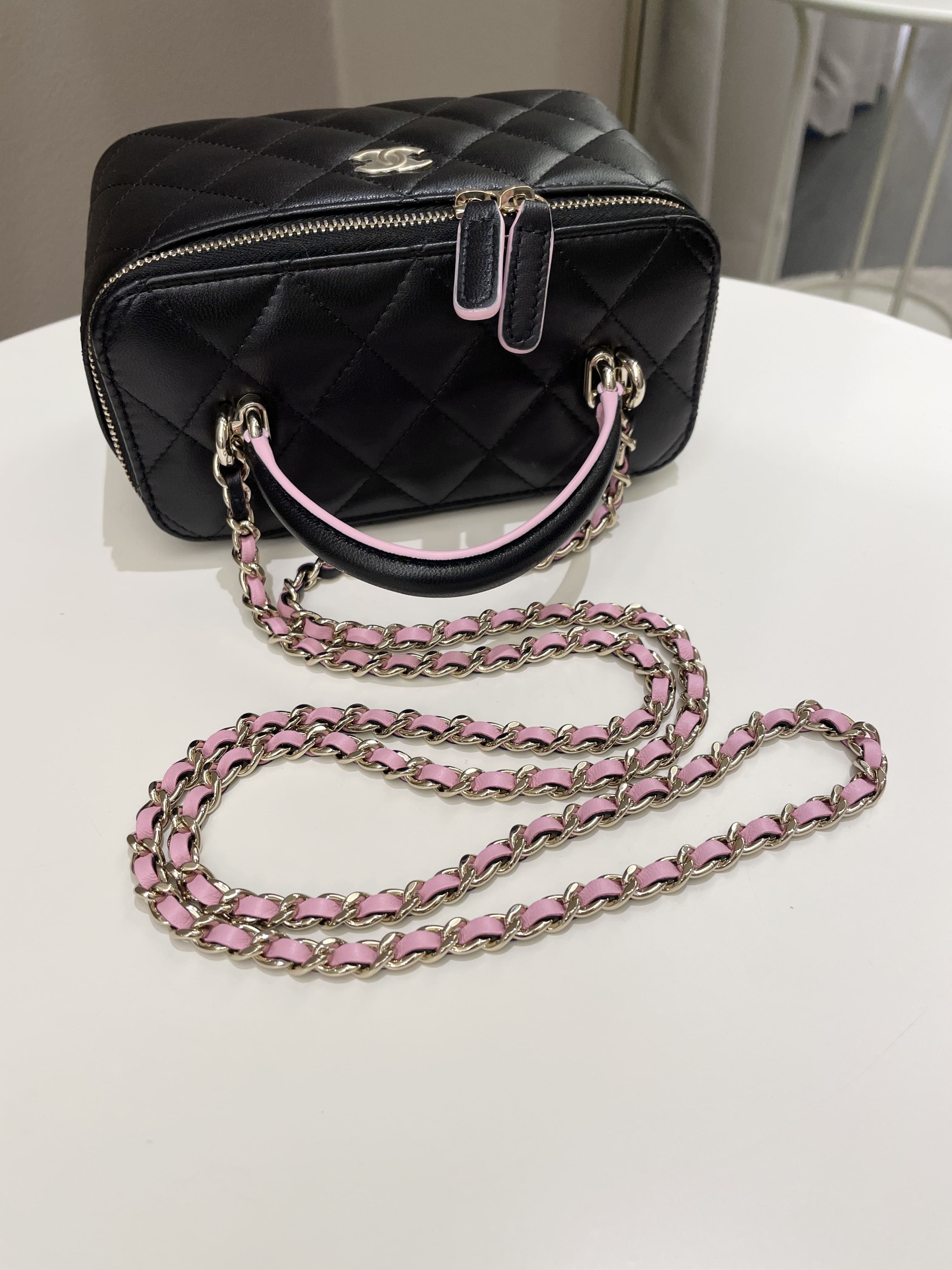 Chanel 23P Quilted Mini Vanity Rectangular Top Handle Black/ Pink Lambskin