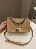 Chanel Chevron Small Boy Dark Milk Tea Beige Caviar