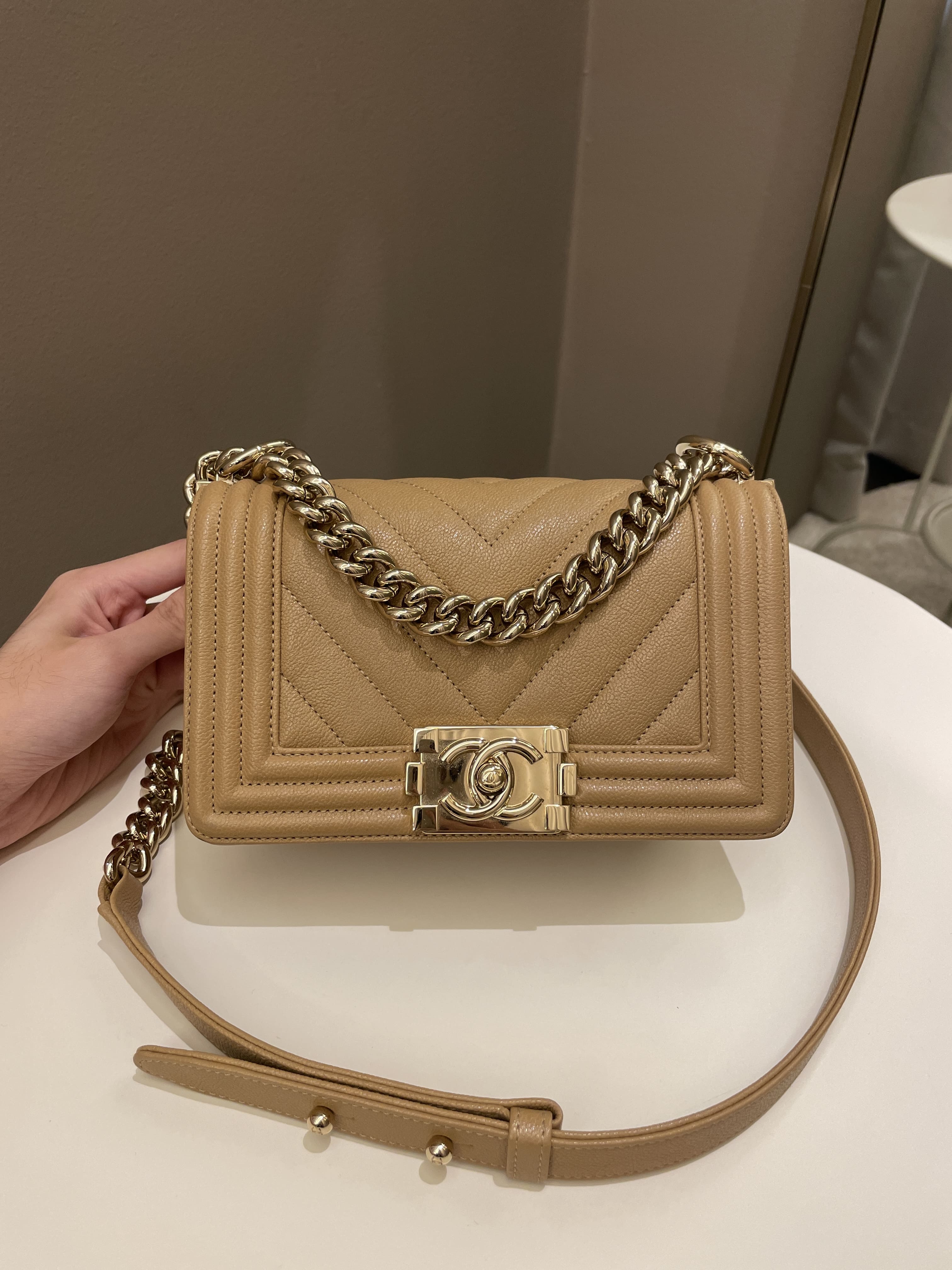 Chanel Chevron Small Boy Dark Milk Tea Beige Caviar