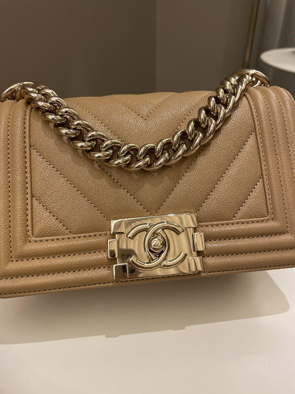 Chanel Chevron Small Boy Dark Milk Tea Beige Caviar