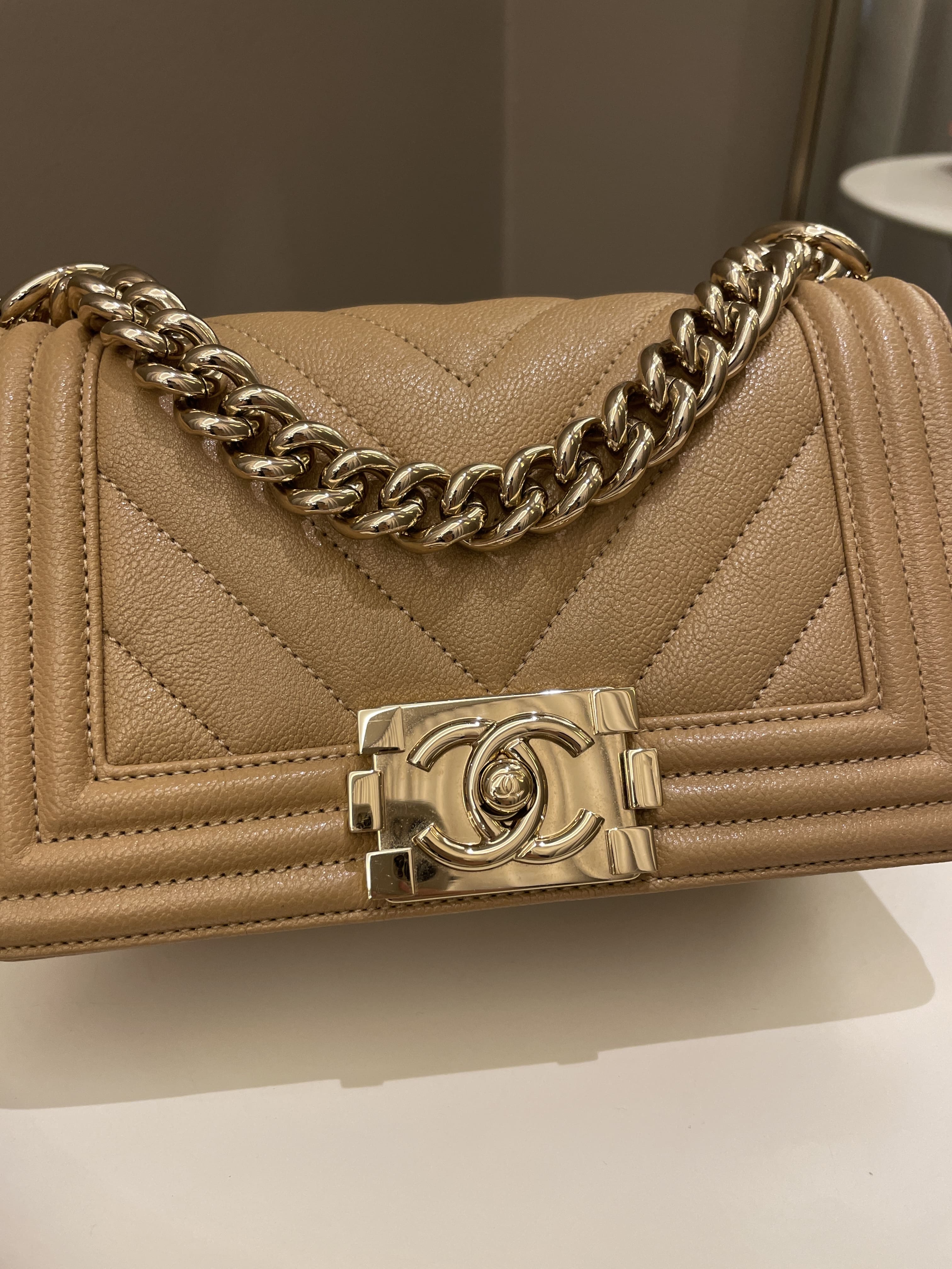 Chanel Chevron Small Boy Dark Milk Tea Beige Caviar