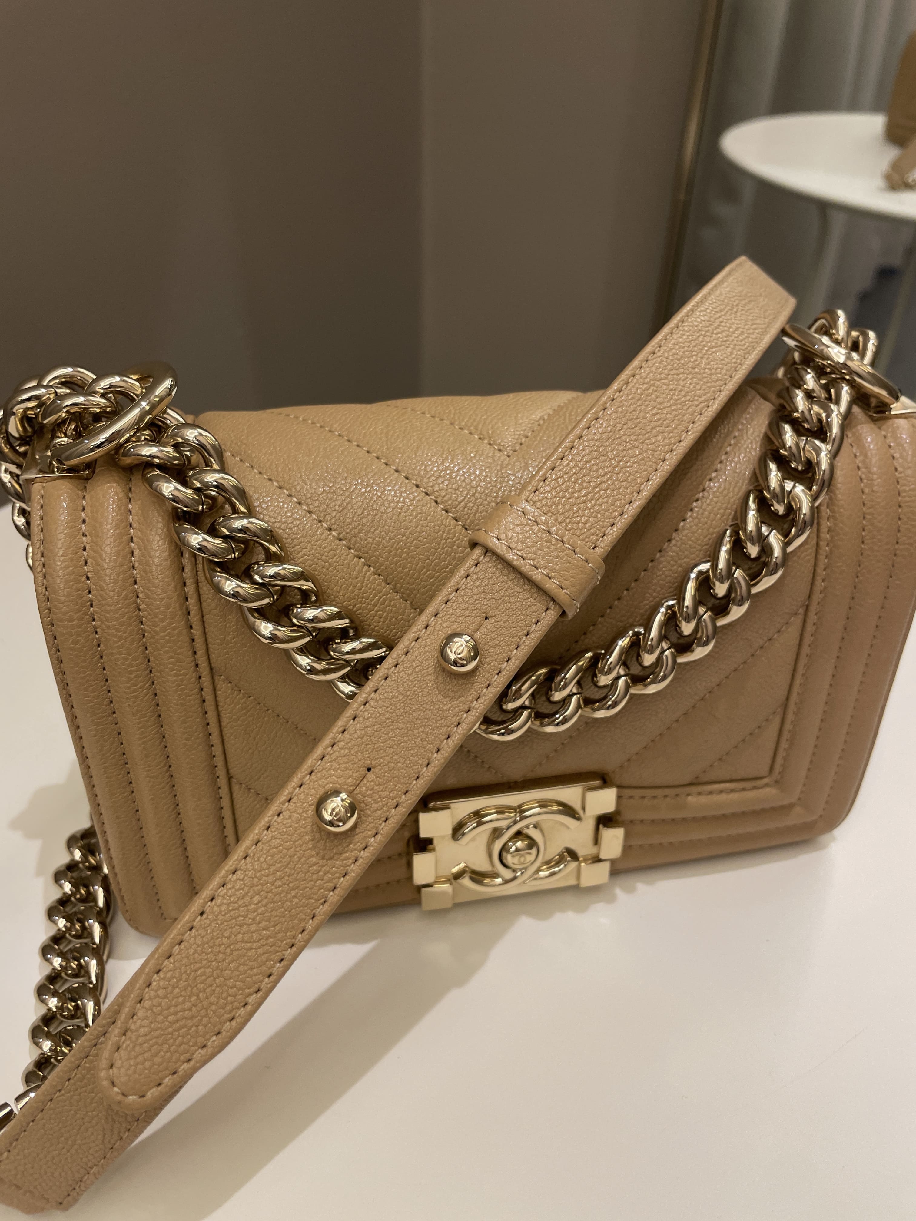 Chanel Chevron Small Boy Dark Milk Tea Beige Caviar