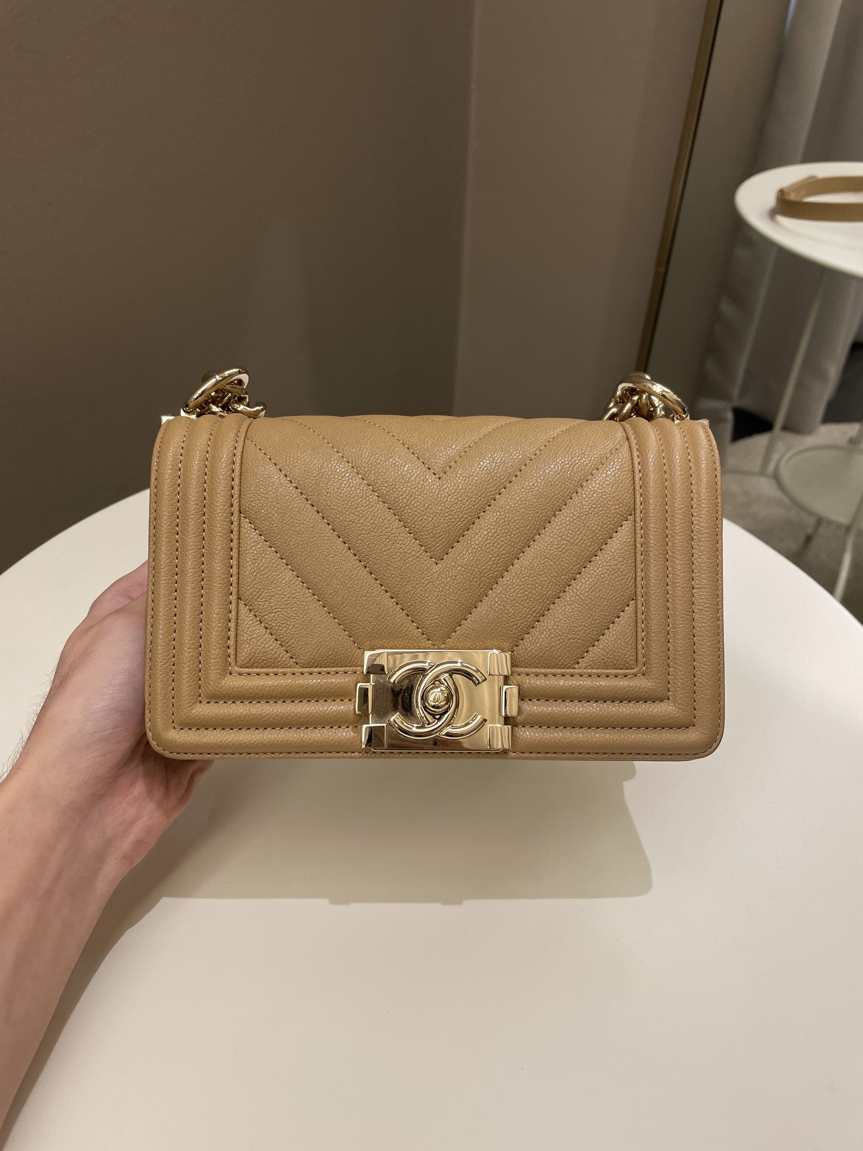 Chanel Chevron Small Boy Dark Milk Tea Beige Caviar