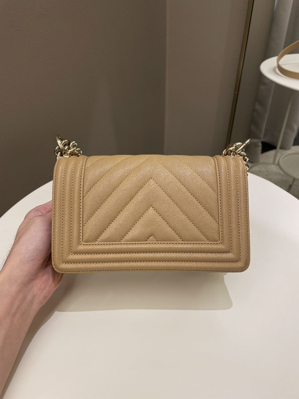 Chanel Chevron Small Boy Dark Milk Tea Beige Caviar