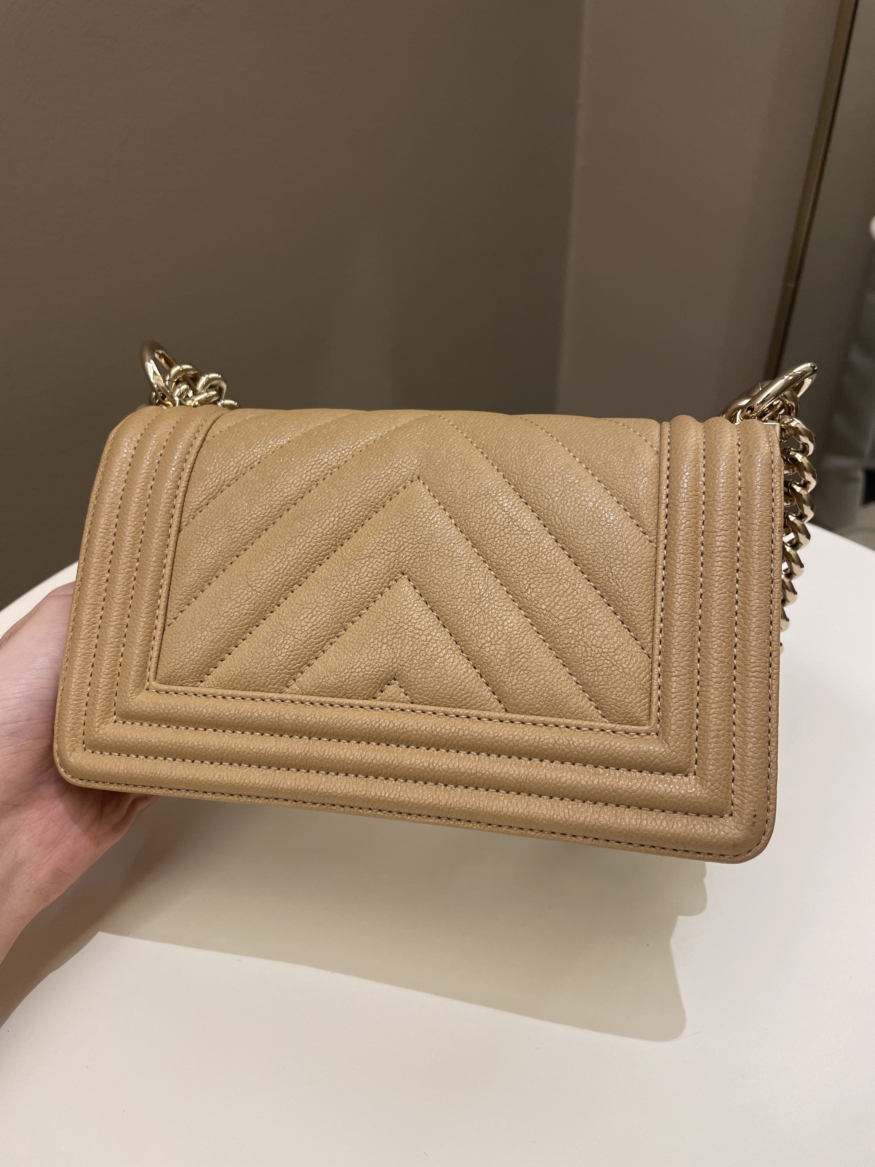 Chanel Chevron Small Boy Dark Milk Tea Beige Caviar