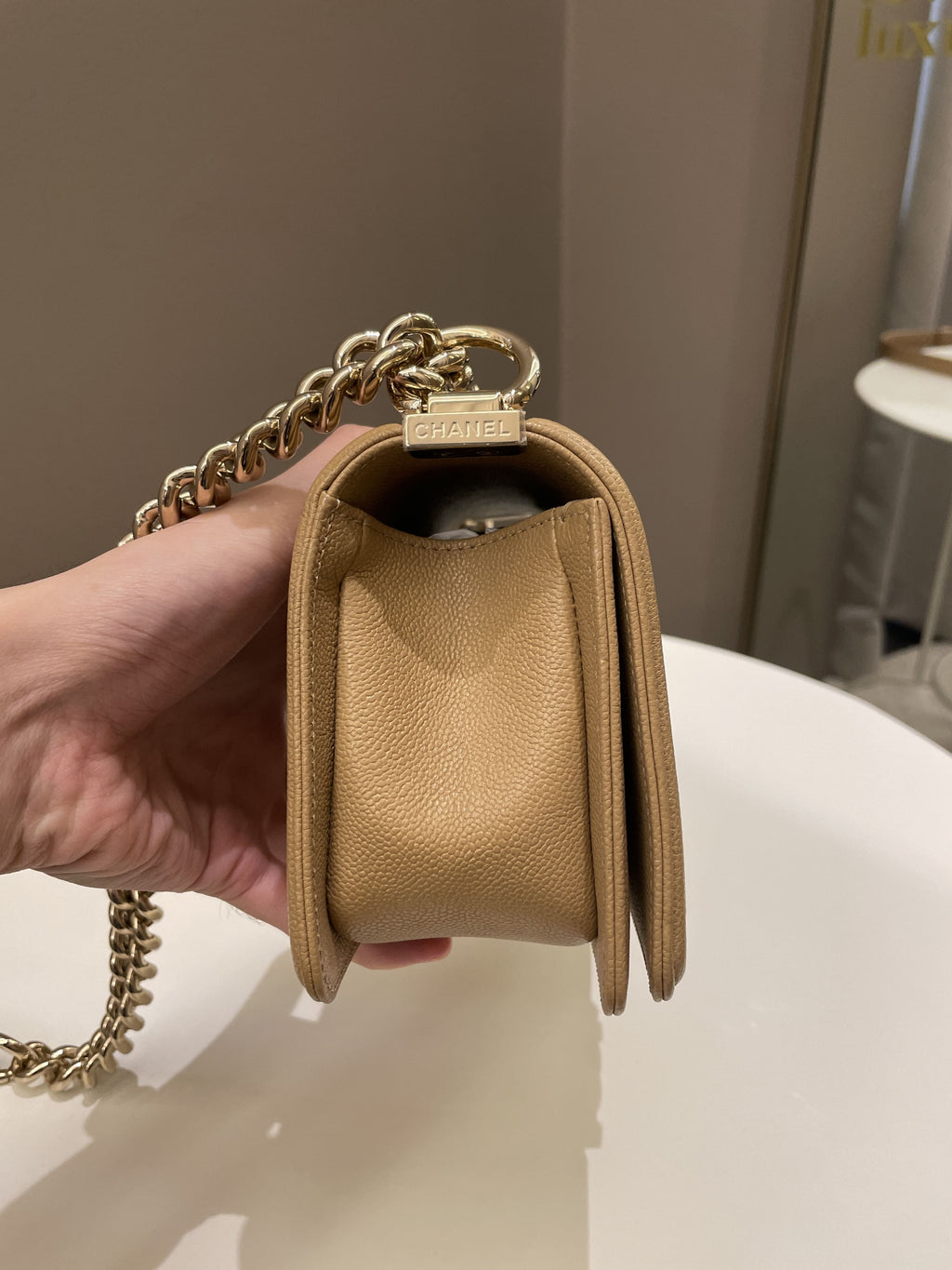 Chanel Chevron Small Boy Dark Milk Tea Beige Caviar