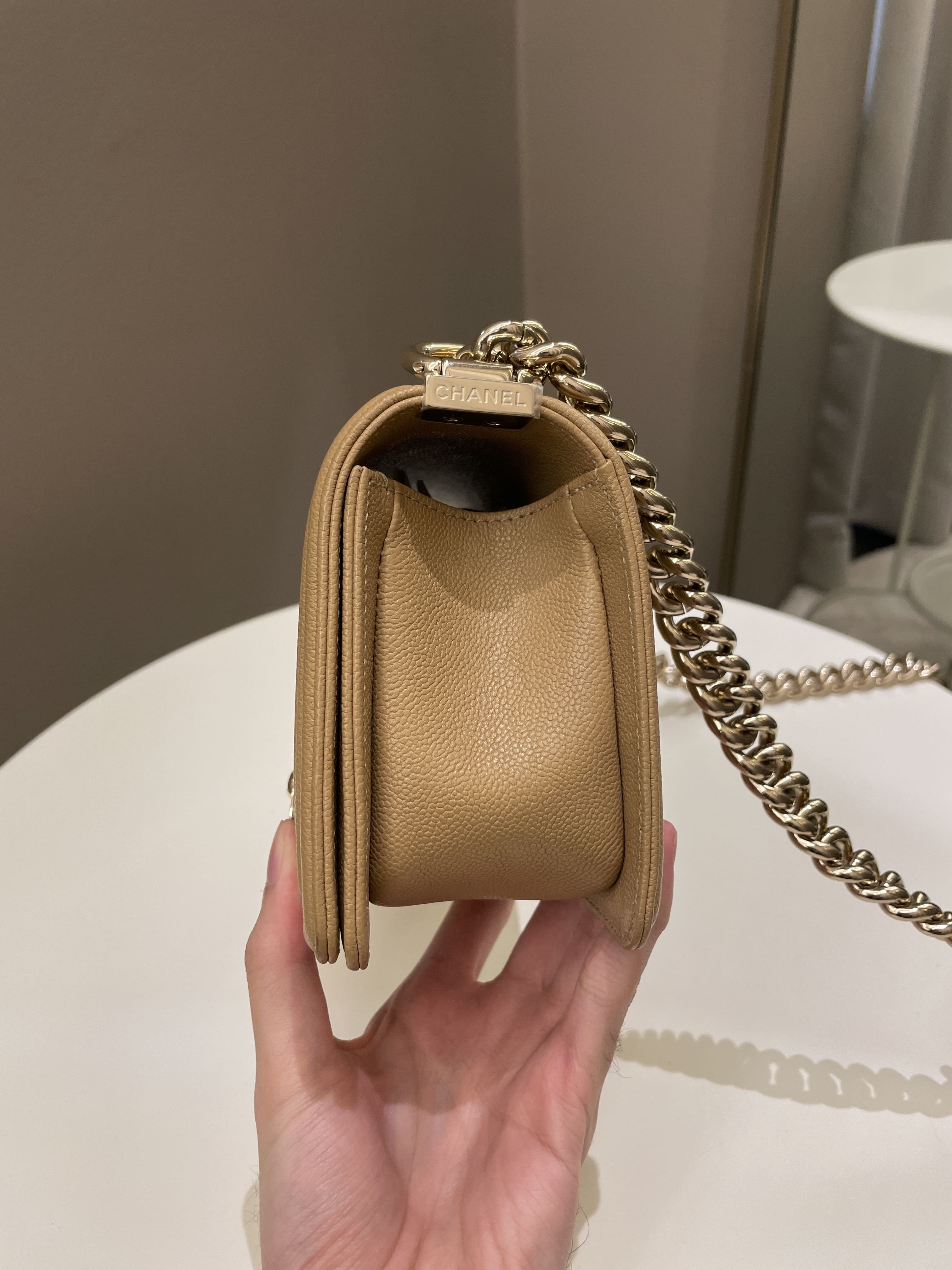 Chanel Chevron Small Boy Dark Milk Tea Beige Caviar
