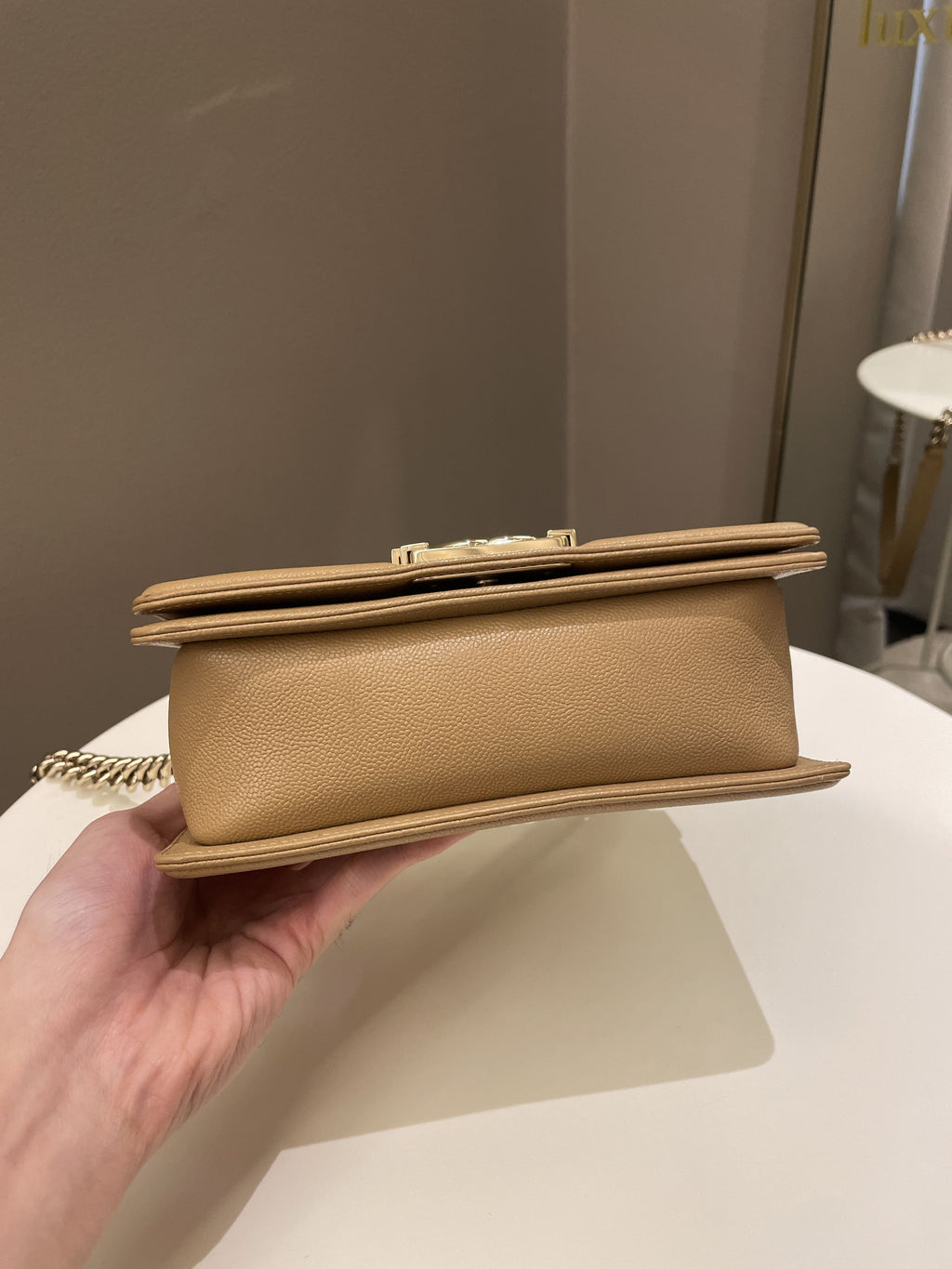 Chanel Chevron Small Boy Dark Milk Tea Beige Caviar