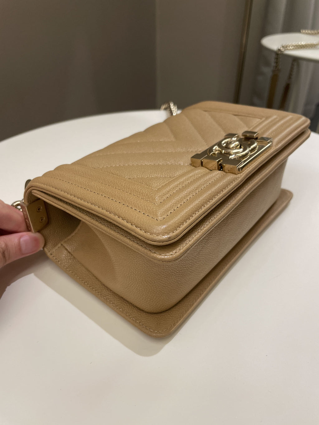 Chanel Chevron Small Boy Dark Milk Tea Beige Caviar