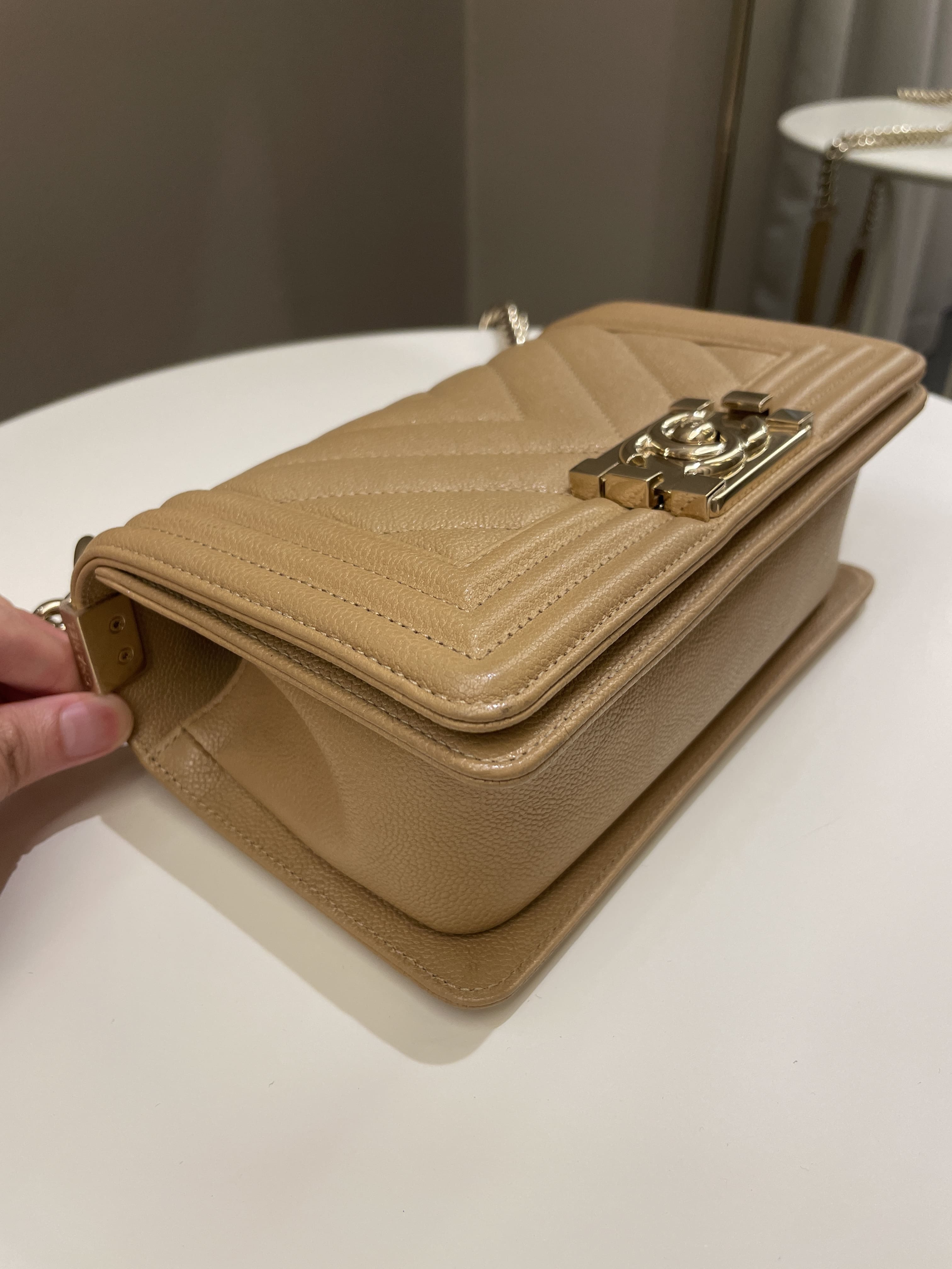 Chanel Chevron Small Boy Dark Milk Tea Beige Caviar