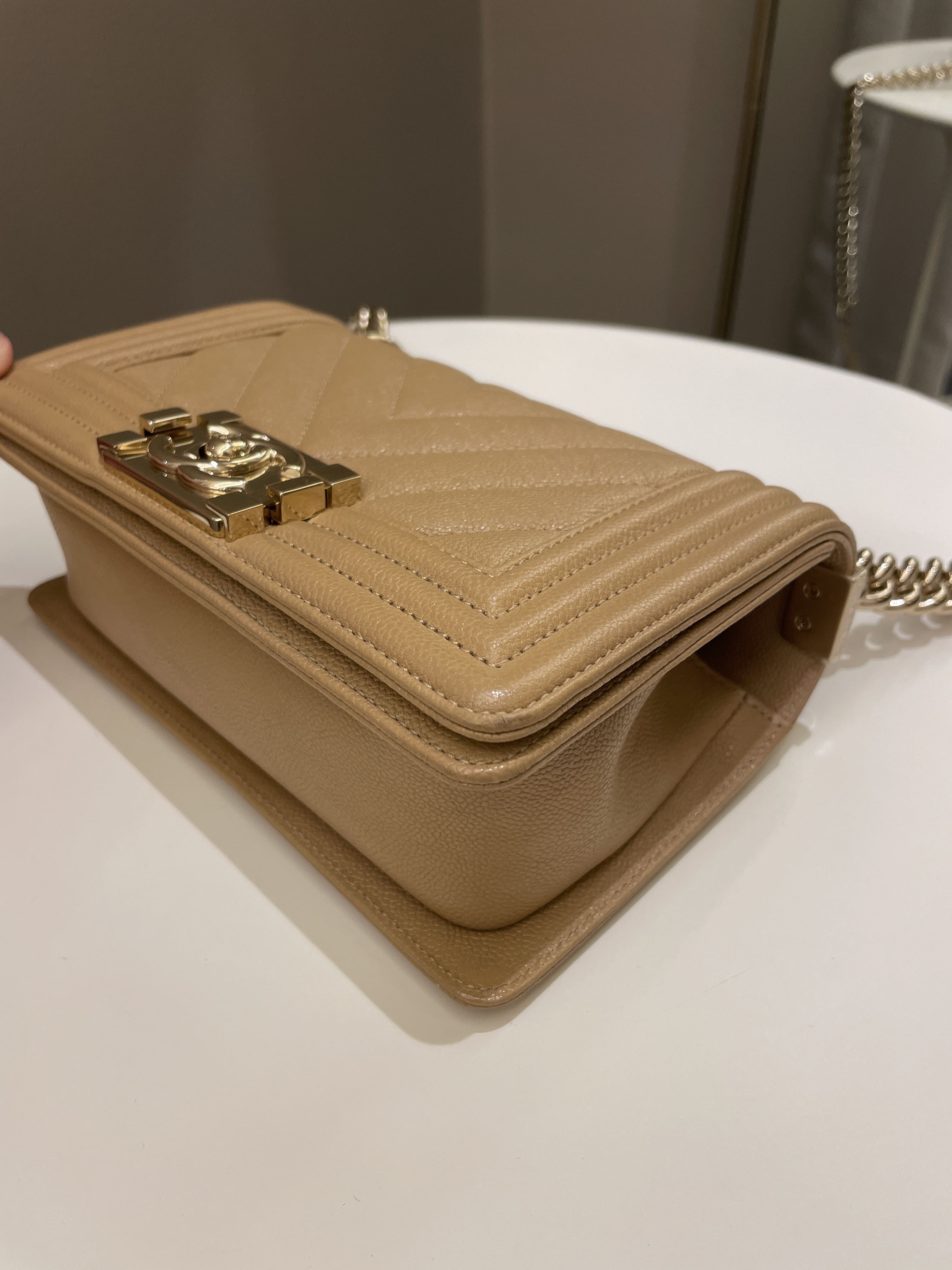 Chanel Chevron Small Boy Dark Milk Tea Beige Caviar