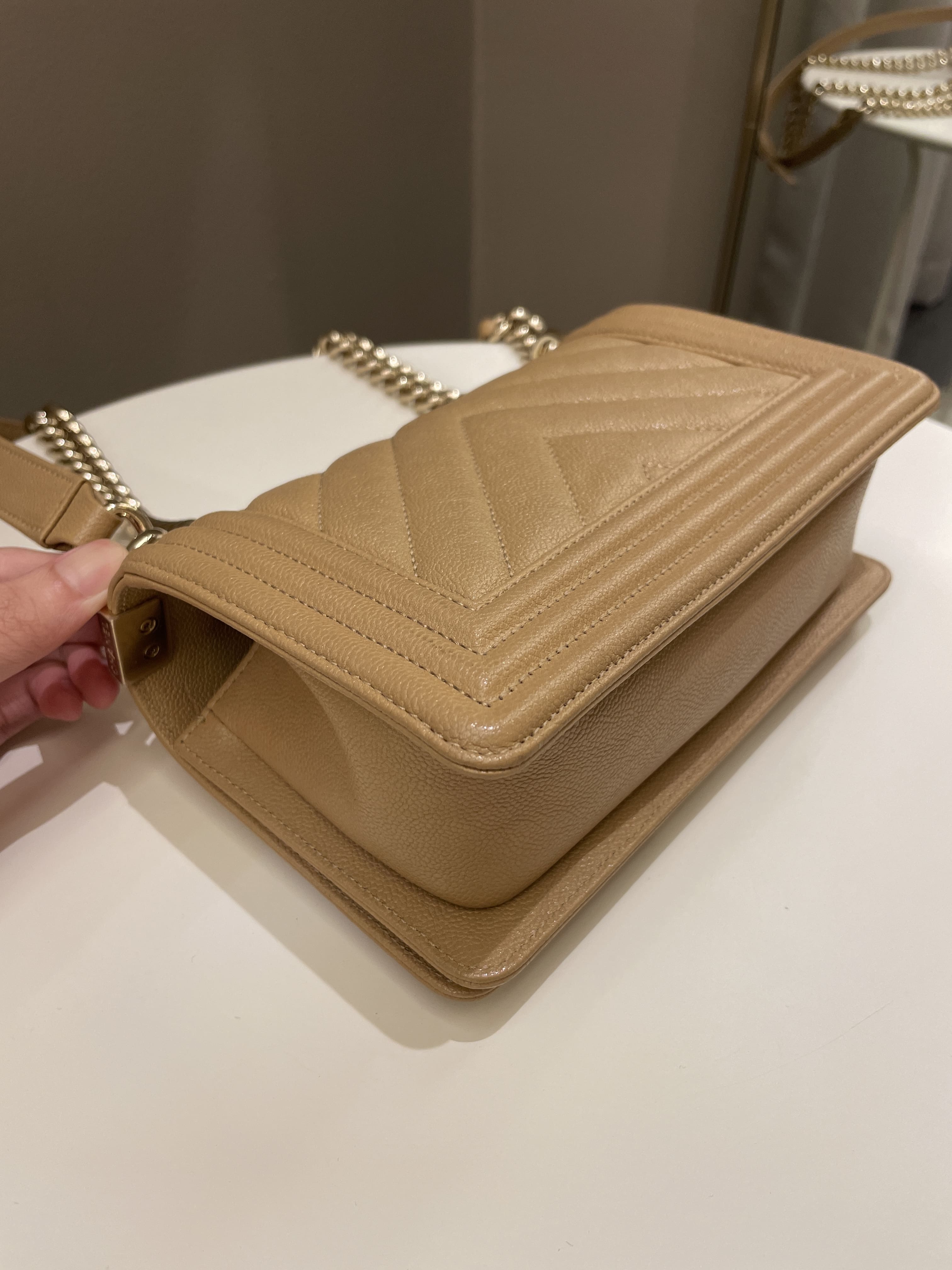 Chanel Chevron Small Boy Dark Milk Tea Beige Caviar