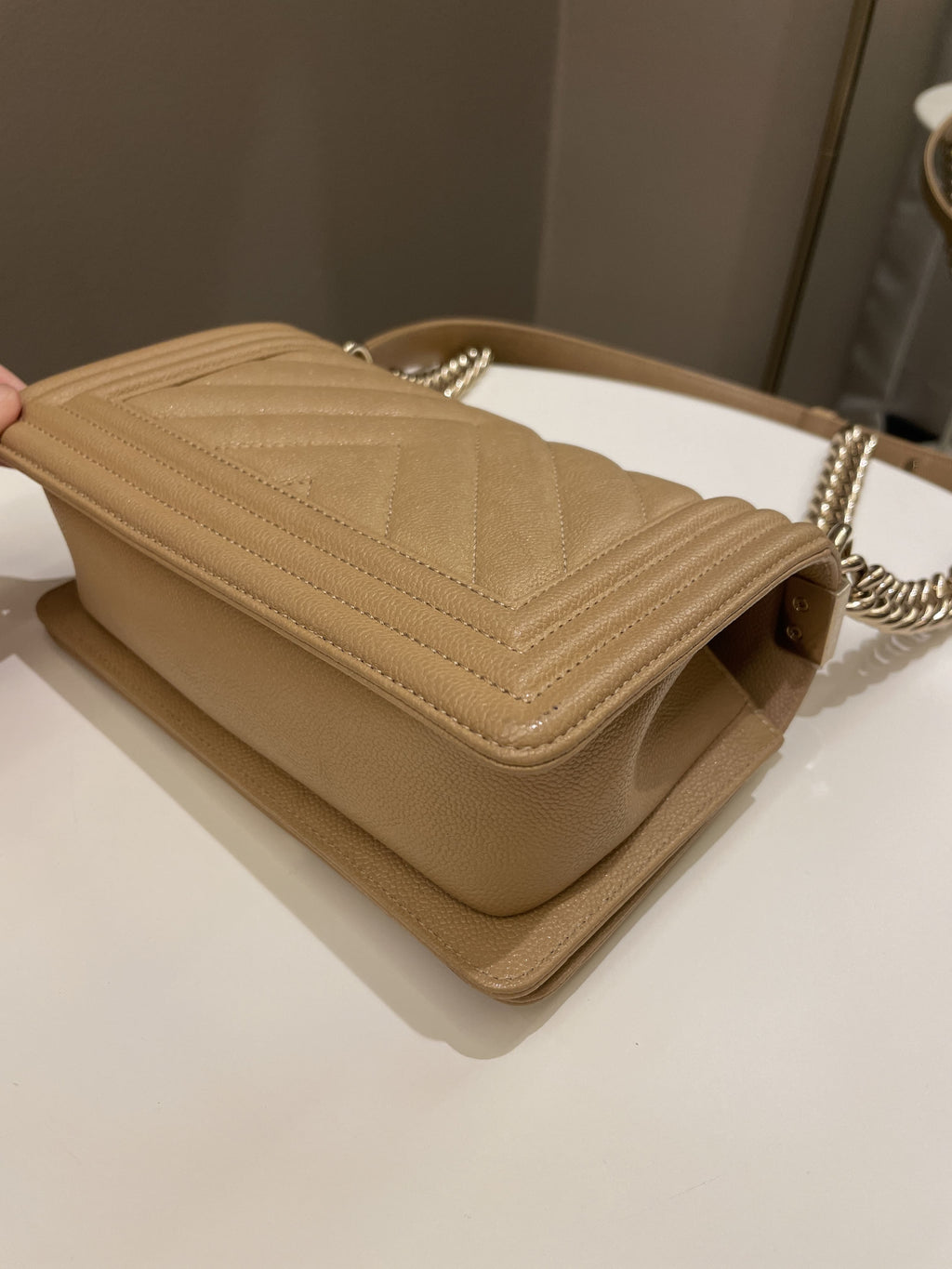 Chanel Chevron Small Boy Dark Milk Tea Beige Caviar