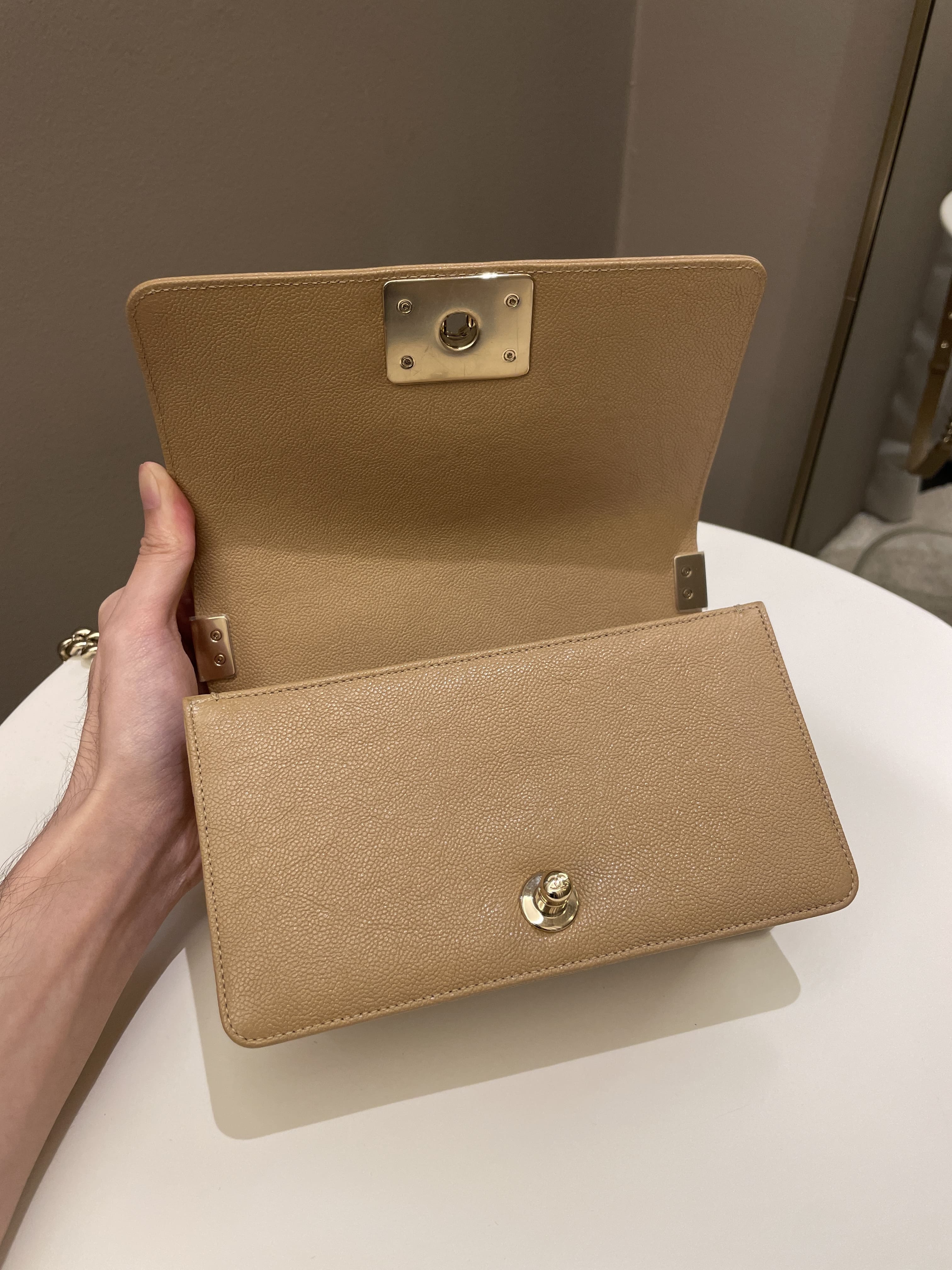 Chanel Chevron Small Boy Dark Milk Tea Beige Caviar