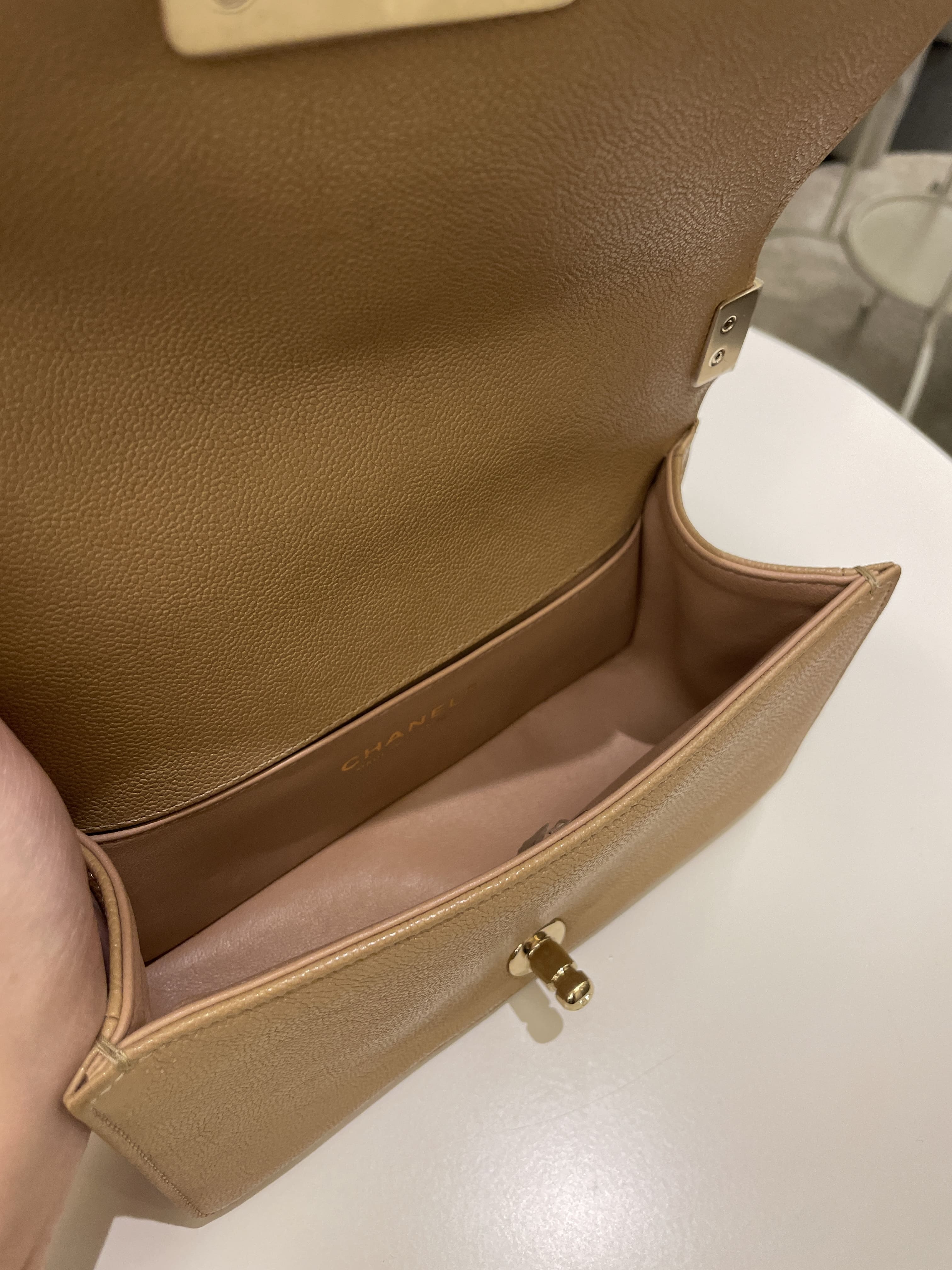 Chanel Chevron Small Boy Dark Milk Tea Beige Caviar
