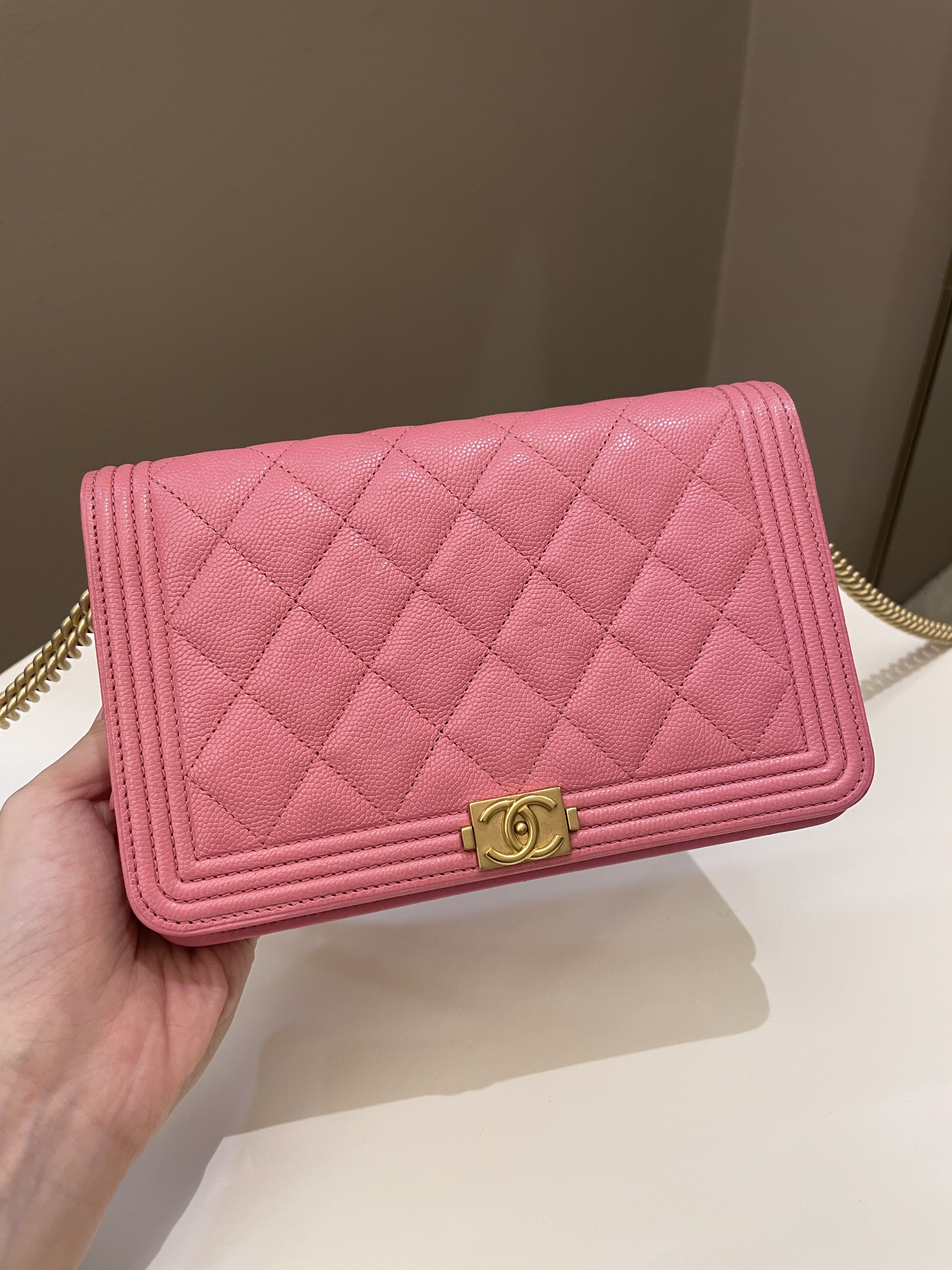 Chanel Quilted Boy Wallet On Chain Pink Caviar